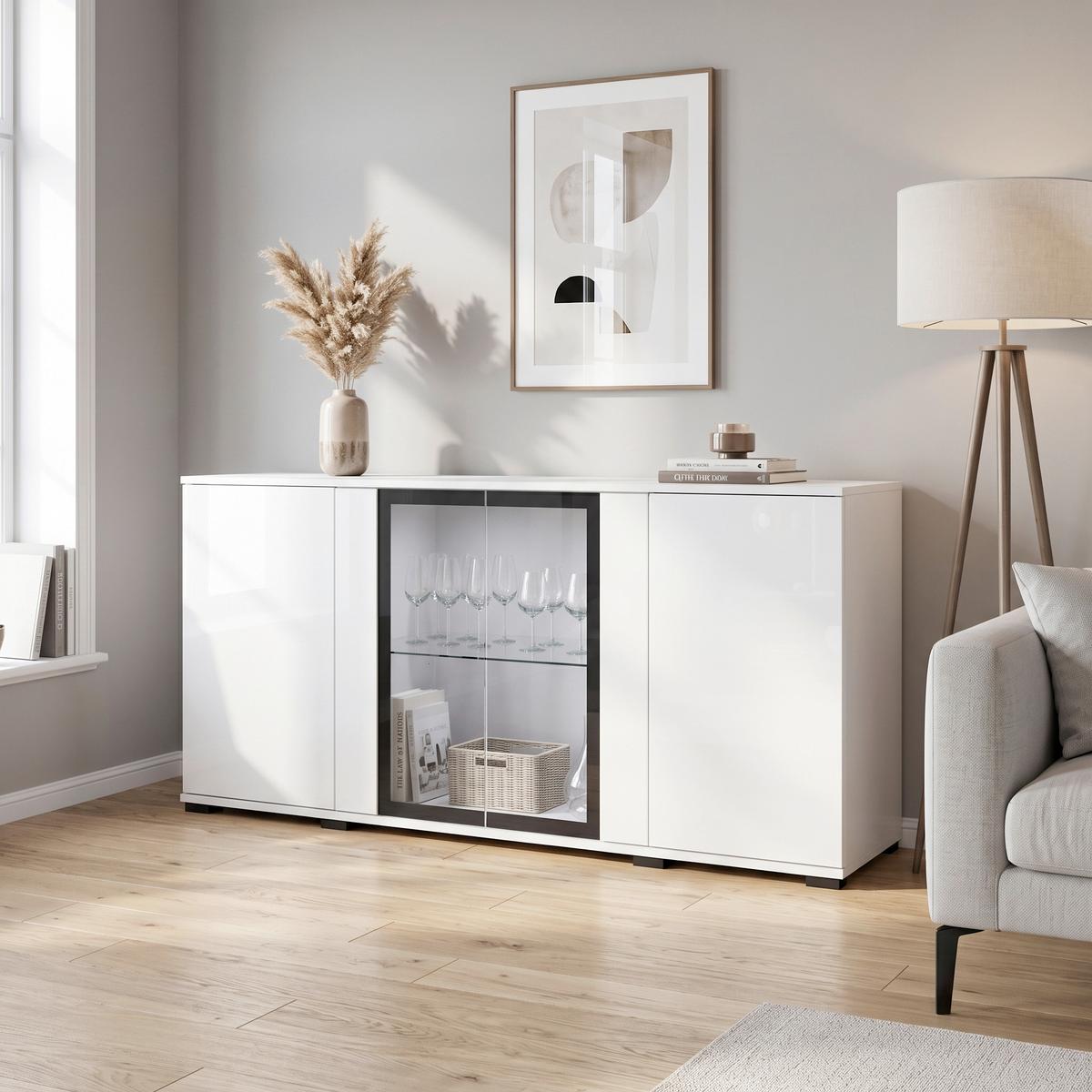 Tálalószekrény Caro 150 - fehér/magasfényű fehér, Design, műanyag/faalapú anyag (150/69,7/39,5cm) - P & B