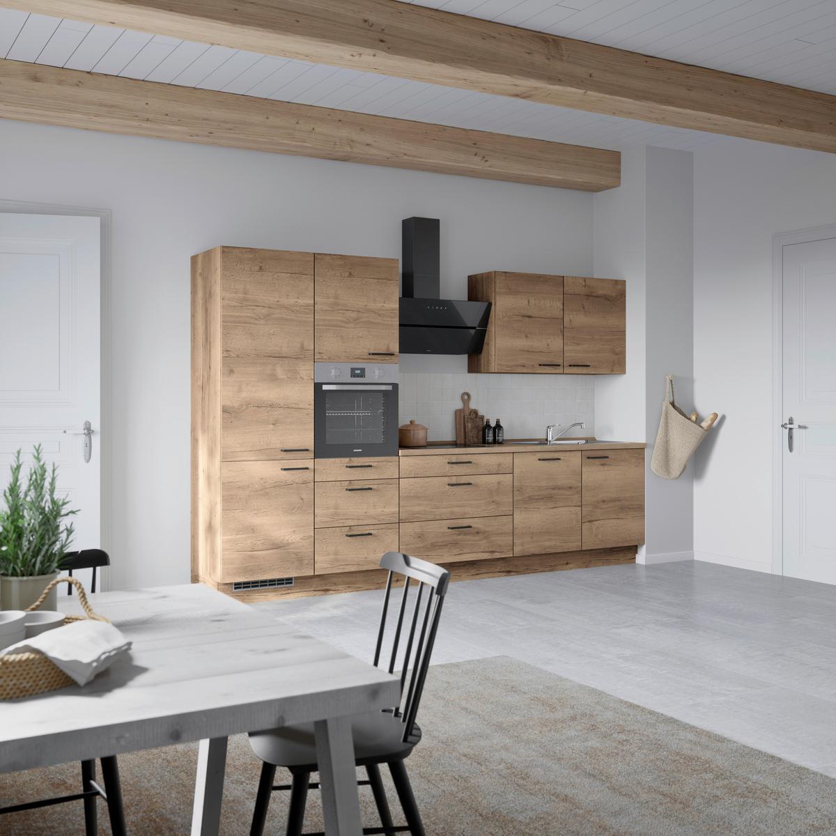 Küchenblock Structura High m. Geräten Eiche dunkel - Eiche dunkel/Schwarz, MODERN, Holzwerkstoff/Metall (330cm) - Nobilia