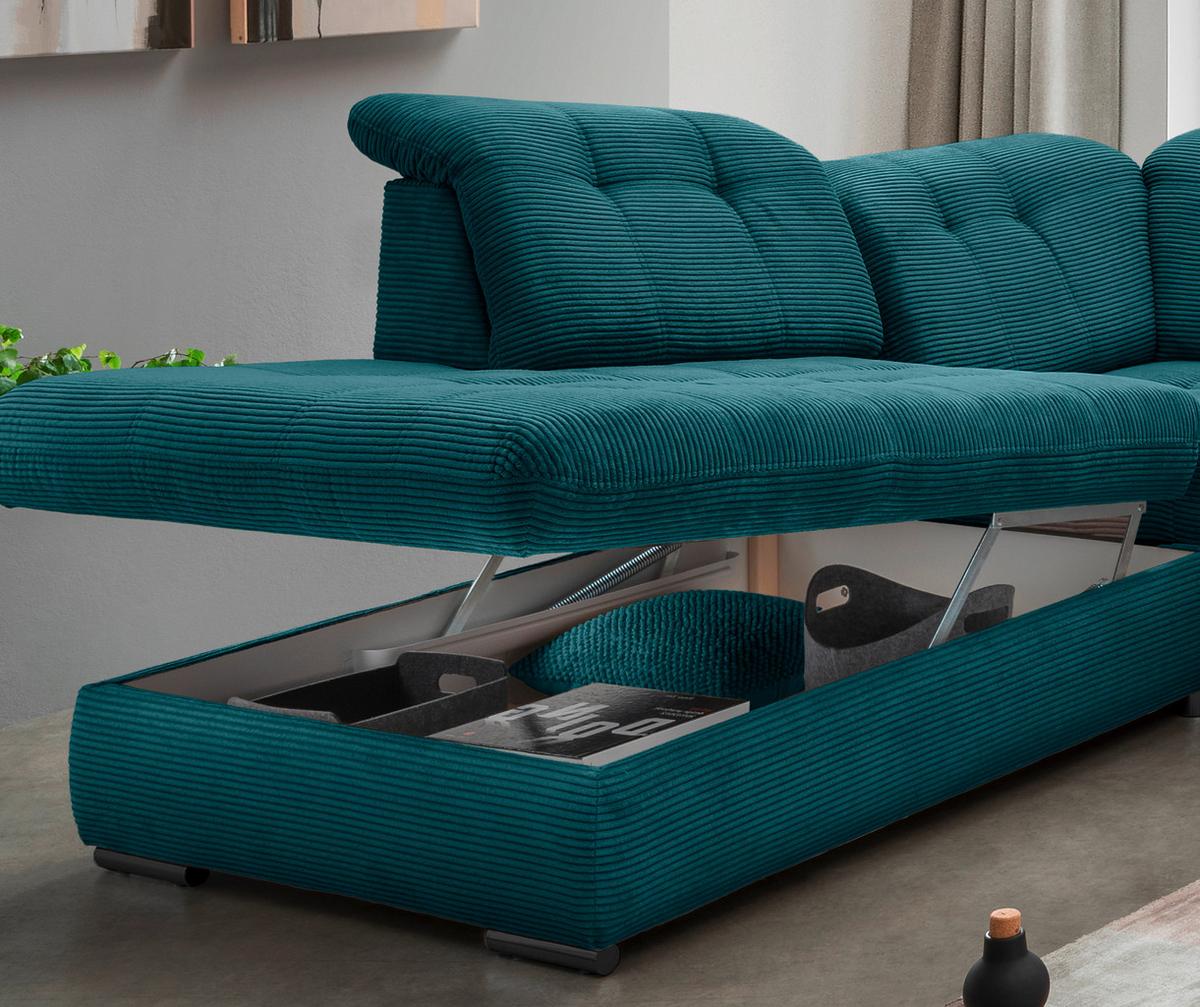 Wohnlandschaft Rigatti Petrol Cord mit Bettkasten - Petrol/Schwarz, MODERN, Textil/Metall (252/387/184cm) - Livetastic