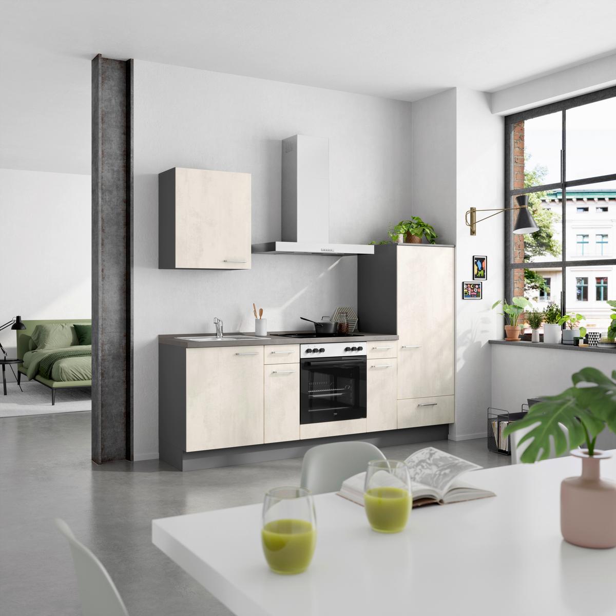 Küchenblock Riva Low m. Geräten Weiß - Schieferfarben/Edelstahlfarben, MODERN, Holzwerkstoff/Metall (240cm) - Nobilia