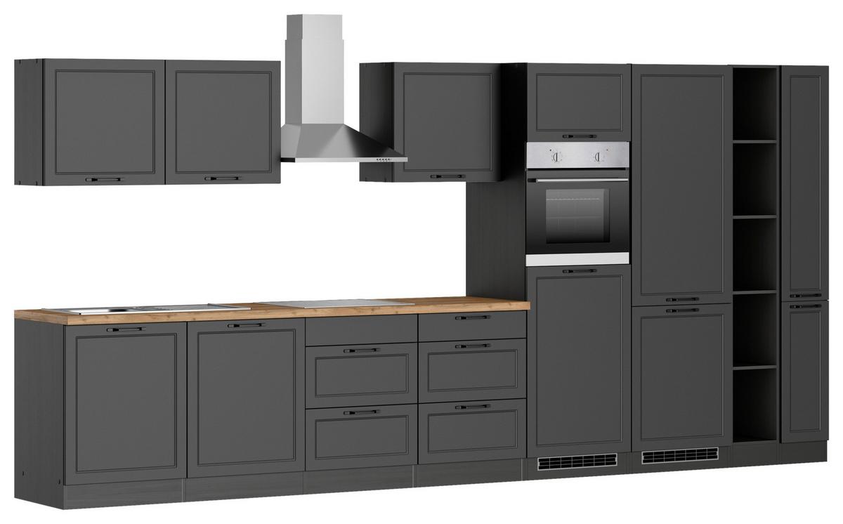 Küchenzeile Meran mit Geräten ca. 420 cm Grau/Eiche Dekor - Eiche Wotan/Schwarz, LIFESTYLE, Holzwerkstoff/Metall (420cm) - Held