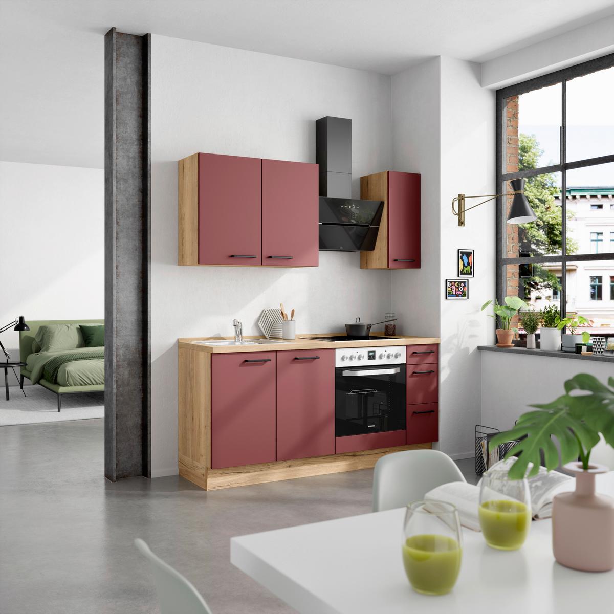 Küchenblock Easytouch High m. Geräten Dunkelrot - Eichefarben/Schwarz, MODERN, Holzwerkstoff/Metall (180cm) - Nobilia