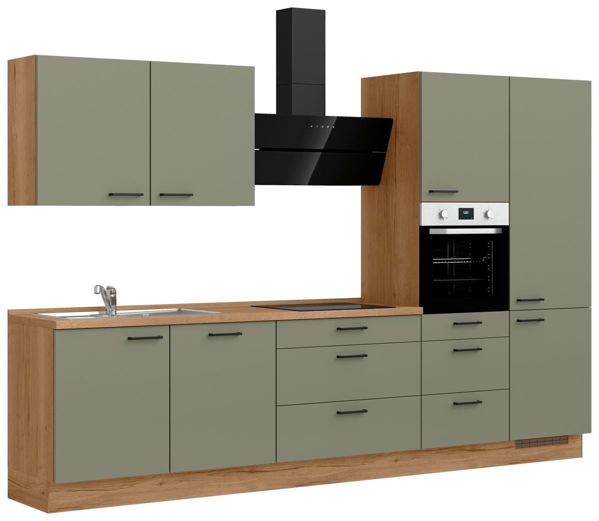 Küchenleerblock Senso High o. Geräte Olivgrün - Eichefarben/Schwarz, ROMANTIK / LANDHAUS, Holzwerkstoff/Metall (330cm) - Nobilia