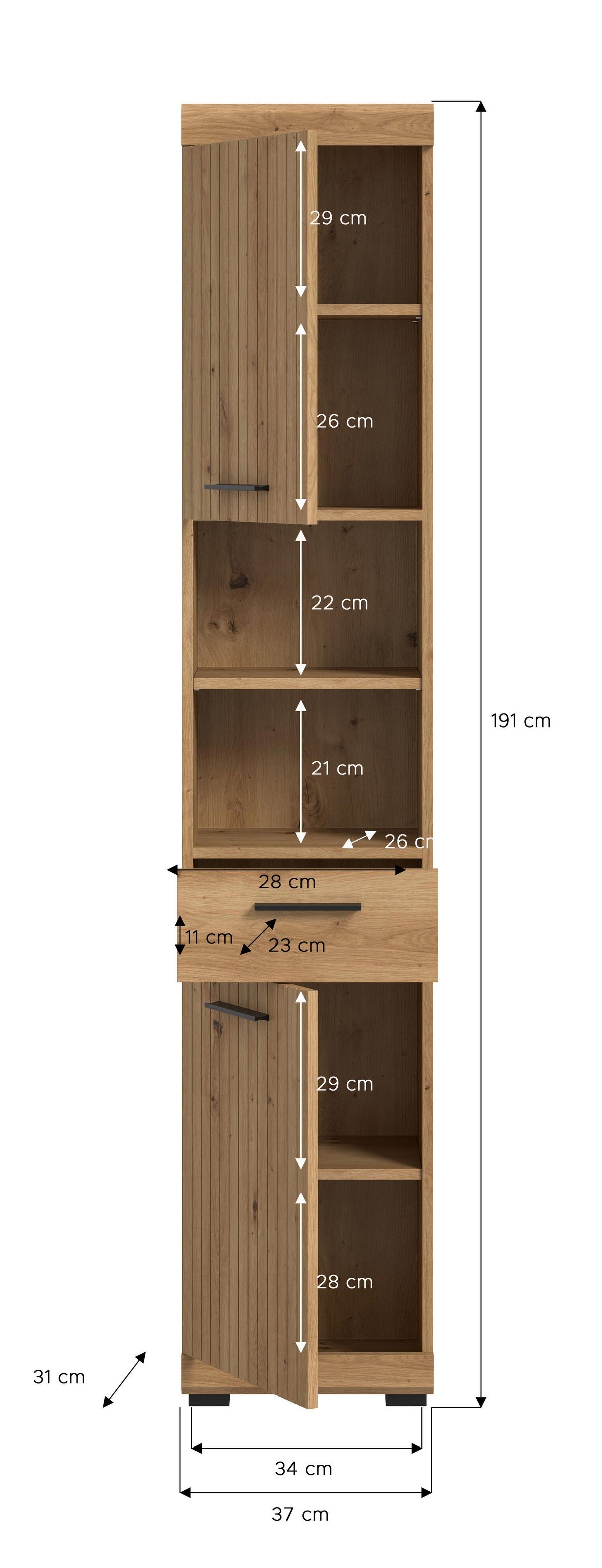 Hochschrank Scout Eiche Artisan - Schwarz/Eiche Artisan, Trend, Holzwerkstoff/Kunststoff (37/191/31cm) - MID.YOU