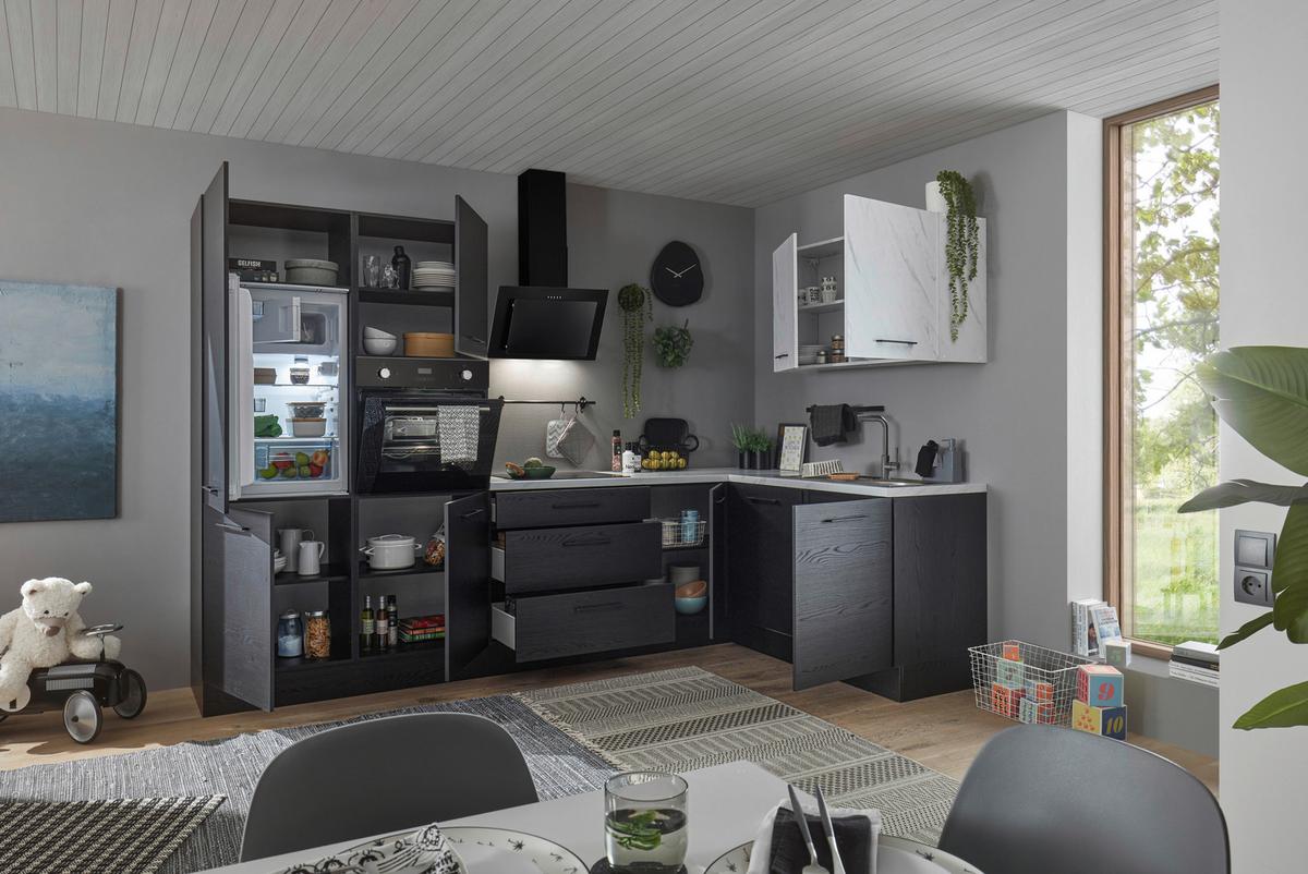 Eckküche New York mit Geräten ca.320x180cm Graphitfarben - Graphitfarben/Schwarz, Design, Holzwerkstoff/Metall (320/180cm) - P & B