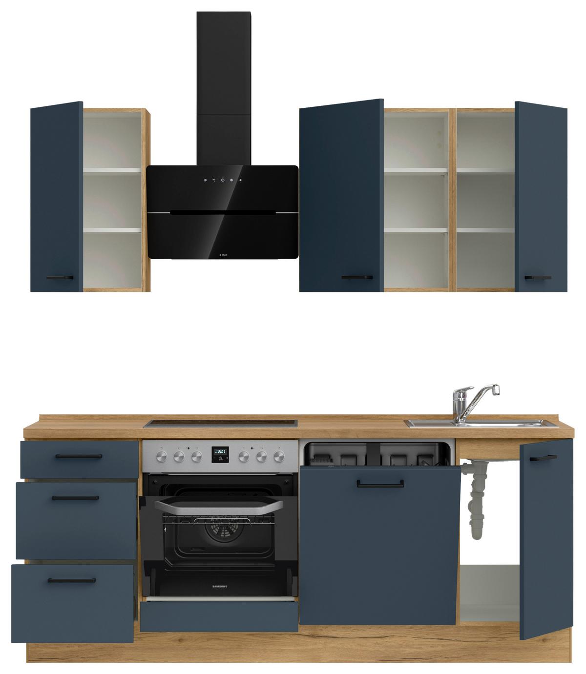 Küchenblock Easytouch High m. Geräten Dunkelblau - Eichefarben/Schwarz, MODERN, Holzwerkstoff/Metall (210cm) - Nobilia
