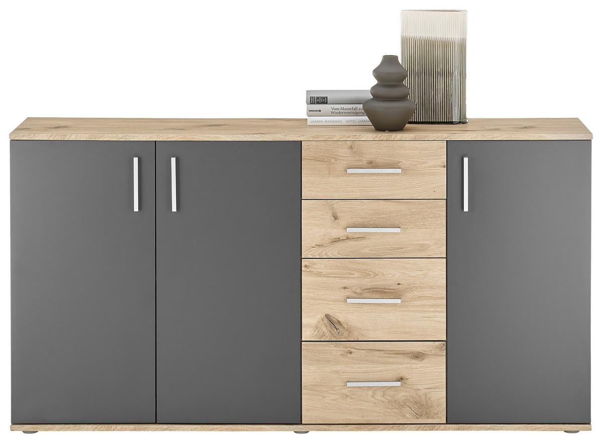 Široka Komoda Bc 1040, Barva Hrasta, Siva - srebrne barve/siva, Design, umetna masa/leseni material (160/84/35cm) - MID.YOU