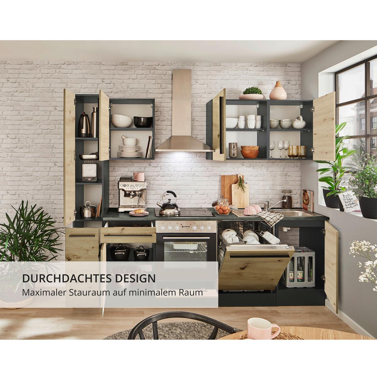 Küchenblock Jazz mit Geräten ca.250cm Eiche/Anthrazit - Anthrazit/Schwarz, LIFESTYLE, Holzwerkstoff/Kunststoff (250cm) - P & B