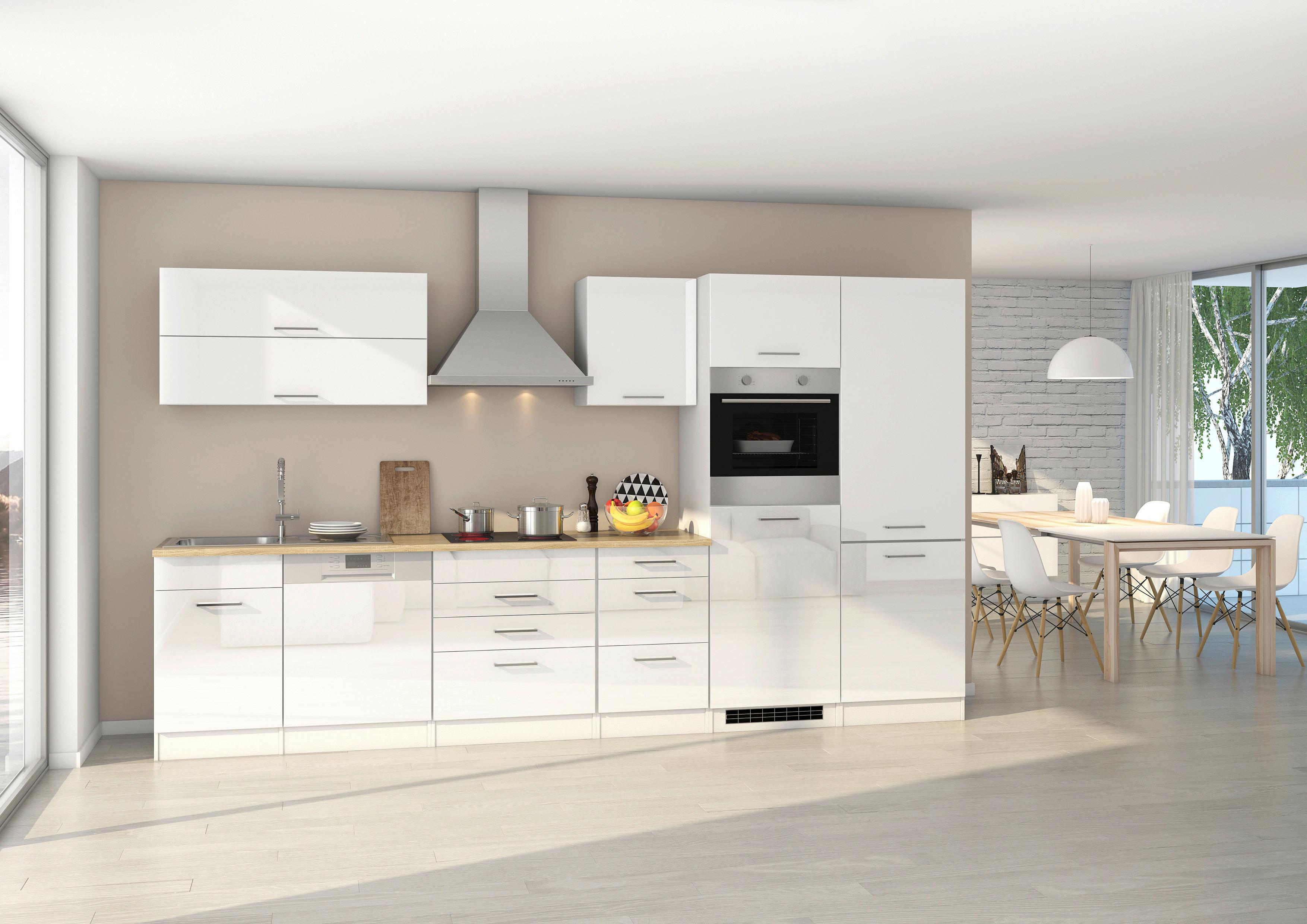 Küchenblock in Weiss inkl. E-Geräte 'Mailand' - Chromfarben/Weiß Hochglanz, MODERN, Holzwerkstoff/Metall (360cm) - Held