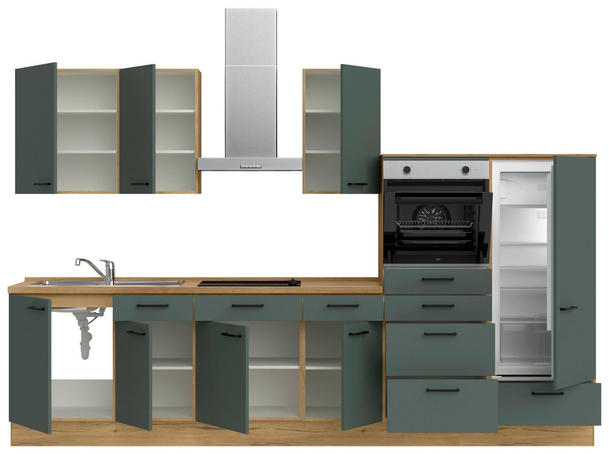 Küchenblock Easytouch Low m. Geräten Dunkelgrün - Dunkelgrün/Eichefarben, MODERN, Holzwerkstoff/Metall (330cm) - Nobilia