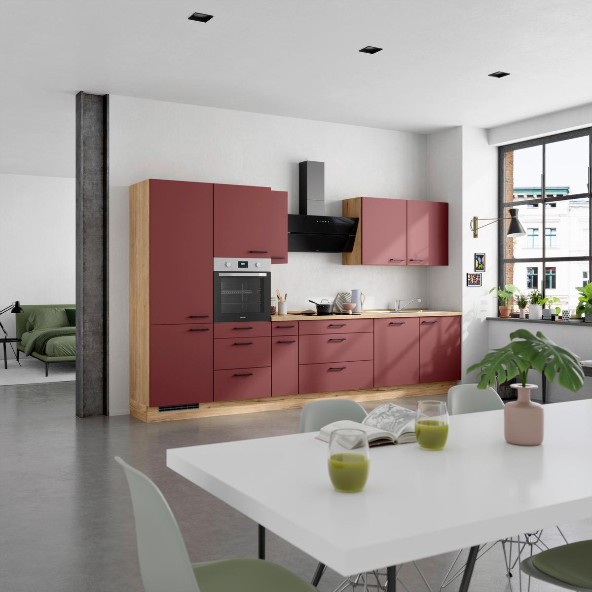 Küchenblock Easytouch High m. Geräten Dunkelrot - Eichefarben/Schwarz, MODERN, Holzwerkstoff/Metall (360cm) - Nobilia