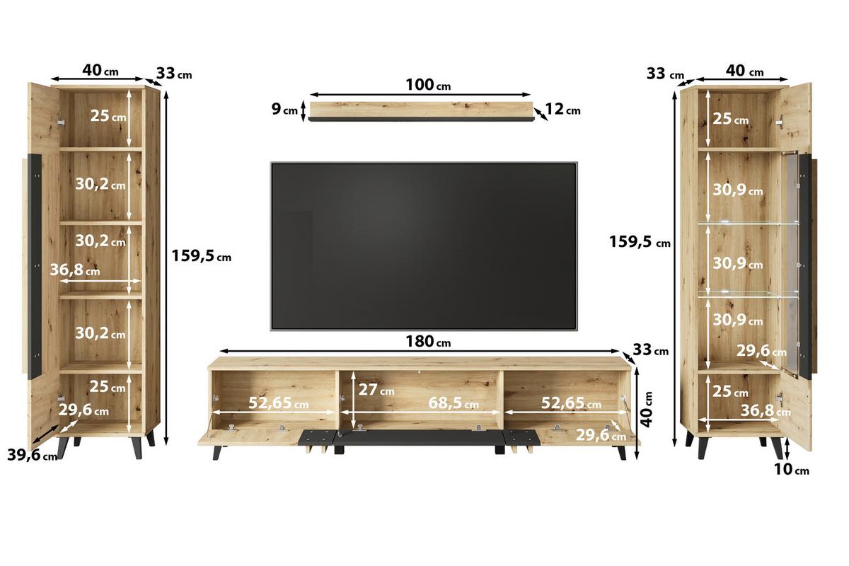 Dnevni Regal Helsinki 2, Barva Hrasta, 4-Delno - črna/hrast artisan, Trend, umetna masa/steklo (260/159,5/33cm)