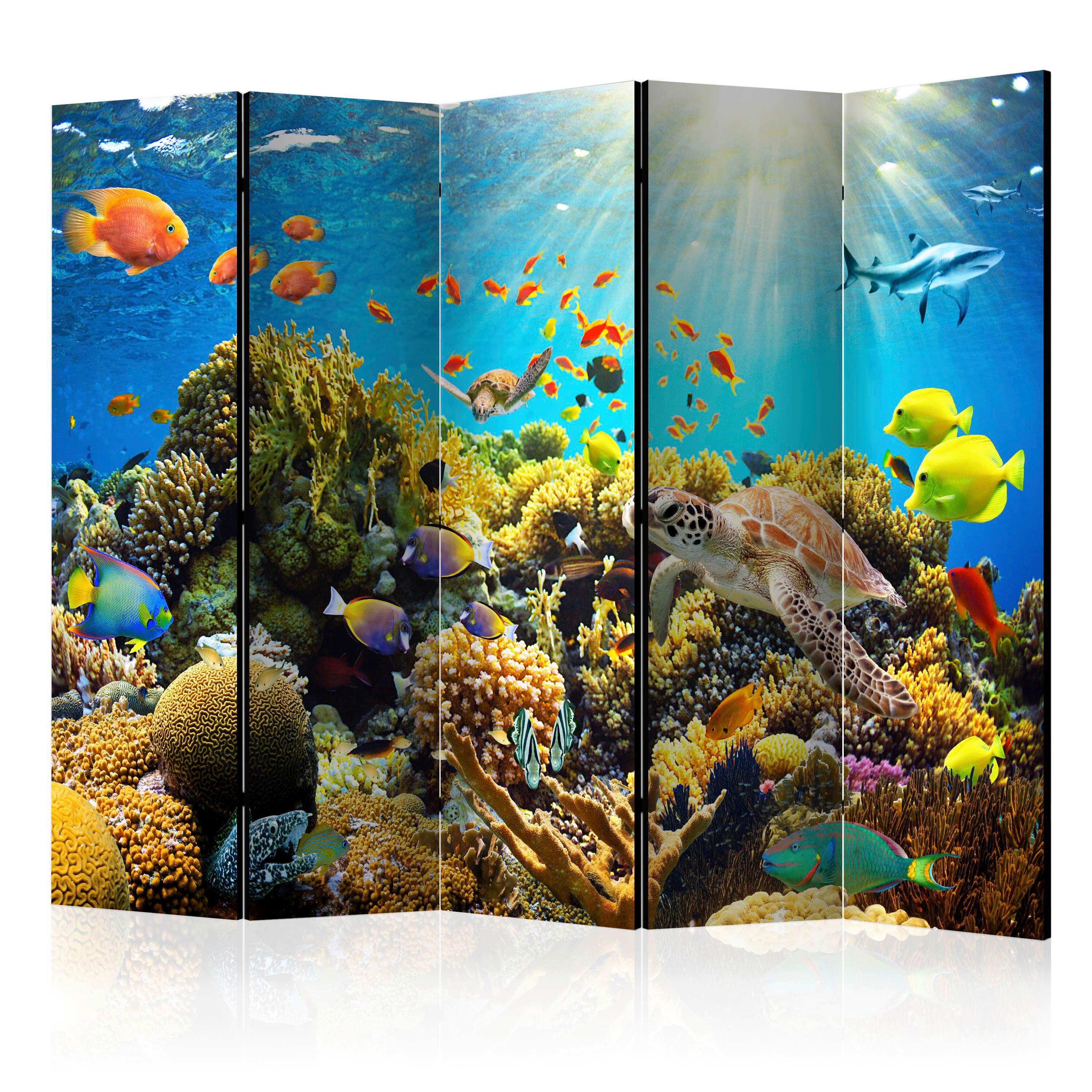 Paravan Underwater Land I, 5-Delni, Akustičen - modra/večbarvno, Basics, umetna masa/tekstil (225/172/3cm) - artgeist