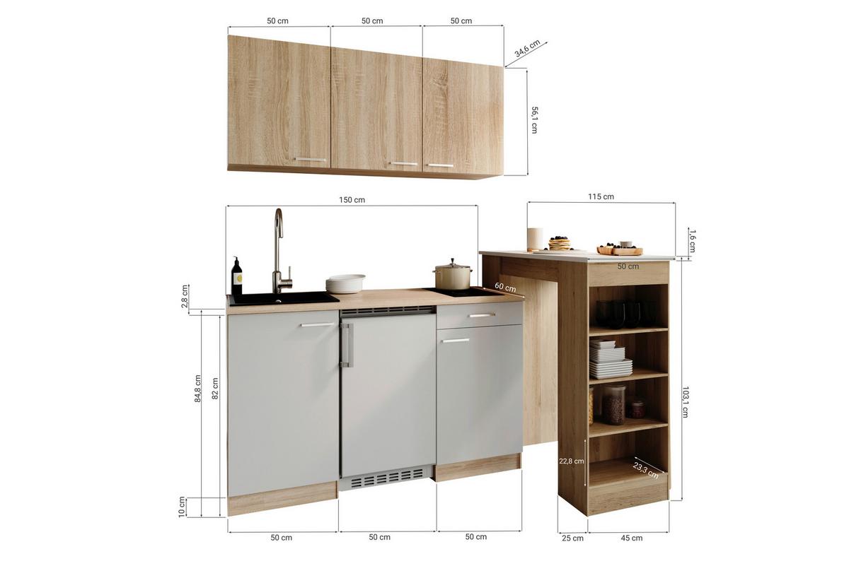 Miniküche Ingrid m. Geräten ca. 150cm Schwarz - Eichefarben/Schwarz, Design, Holzwerkstoff/Kunststoff (150cm) - Respekta