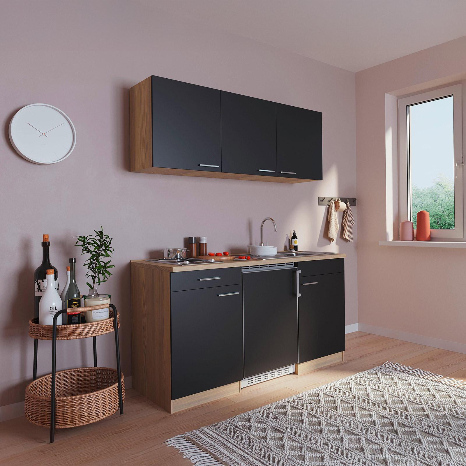 Miniküche Economy m. Geräten B: ca. 150cm Schwarz - Eichefarben/Schwarz, Basics, Holzwerkstoff (150cm) - Respekta