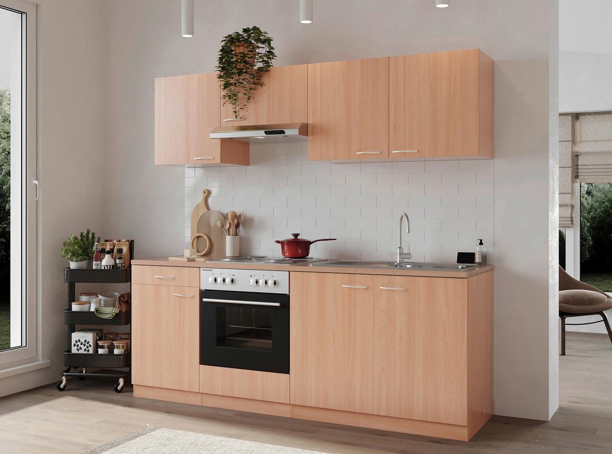 Küchenblock Gerda mit Geräten ca. 210 cm Buchefarben - Buchefarben/Alufarben, Basics, Holzwerkstoff/Kunststoff (210cm) - Respekta
