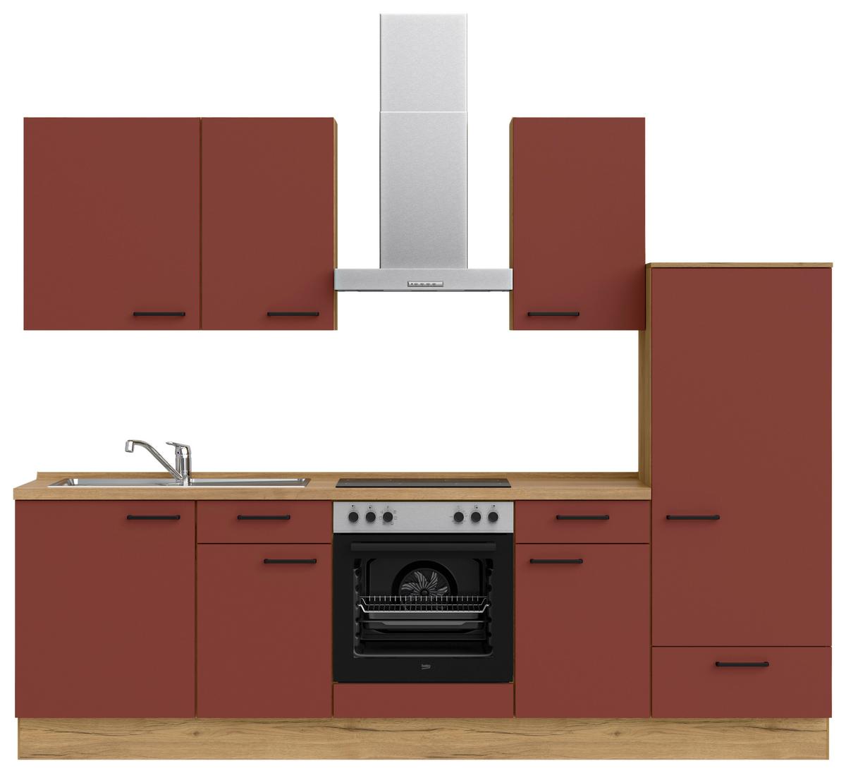 Küchenblock Easytouch Low m. Geräten Dunkelrot - Eichefarben/Schwarz, MODERN, Holzwerkstoff/Metall (270cm) - Nobilia