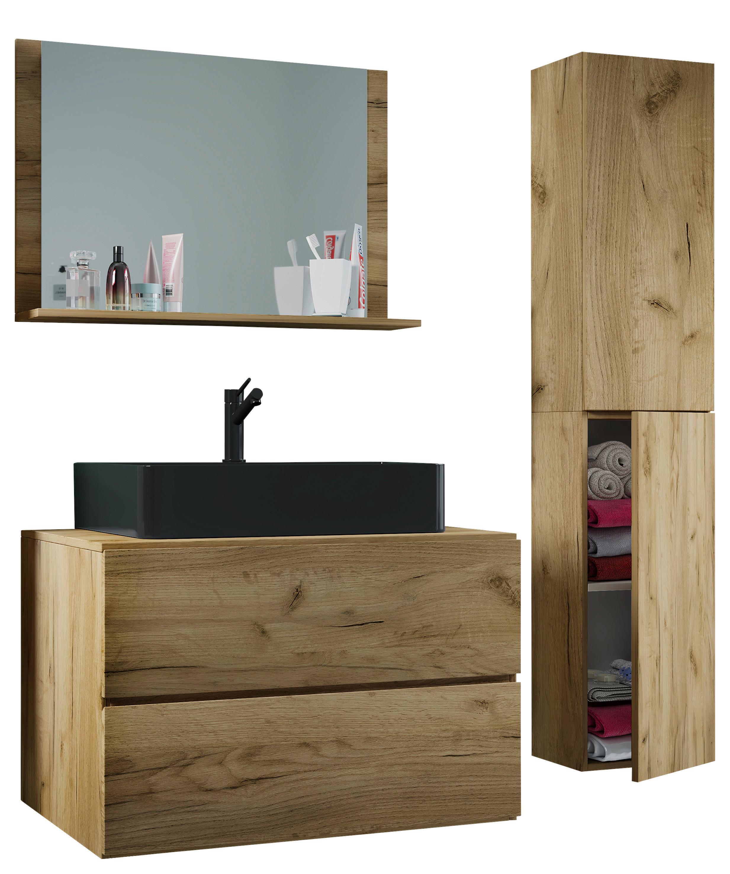 Kopalnica Lendas L, Medeni Hrast - črna/medeni hrast, Moderno, steklo/leseni material (114cm) - MID.YOU