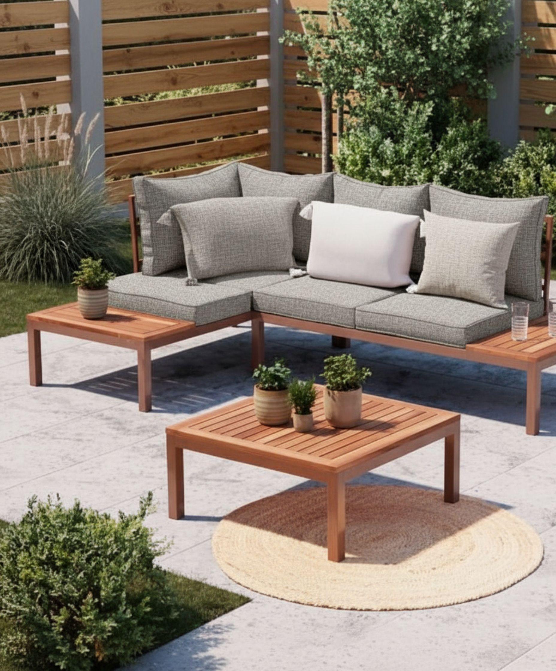 Loungegarnitur-Set Lia Braun aus Akazienholz - Graubraun/Akaziefarben, Modern, Holz/Metall (138/77/207cm) - Mömax