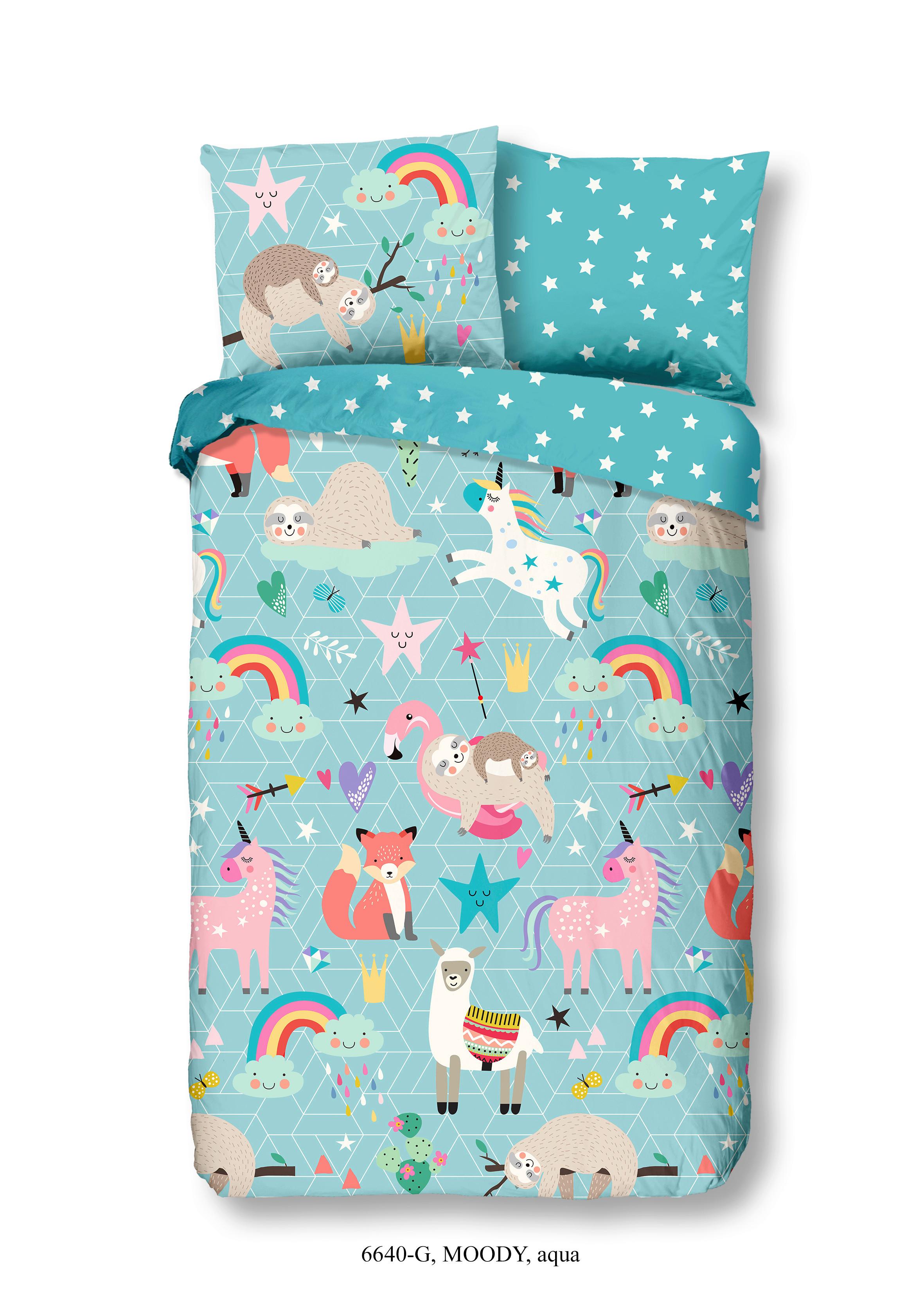 Wende-Kinderbettwäsche Moody Unicorn aus Baumwolle - Türkis, Textil (135/200cm) - MID.YOU