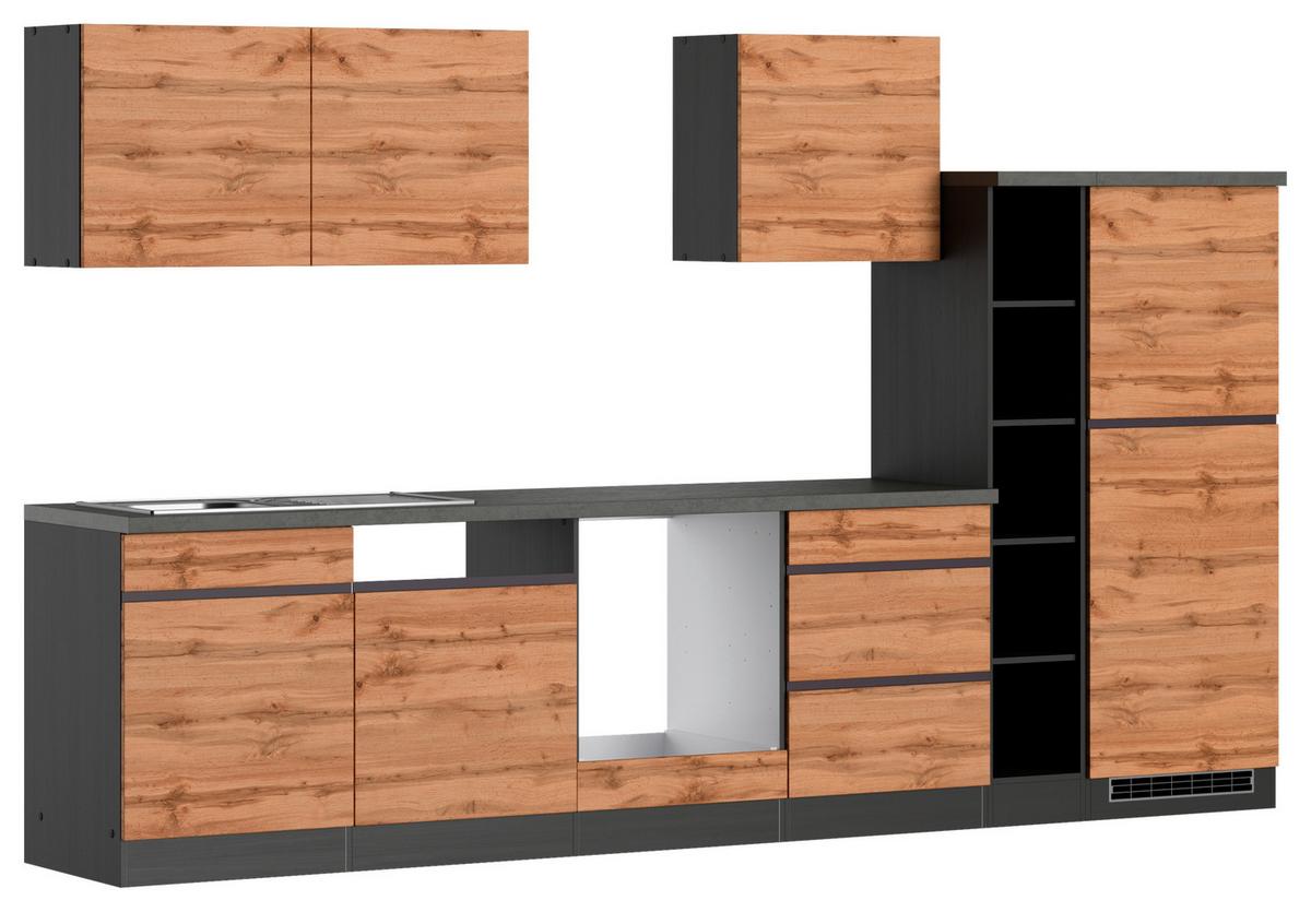 Küchenblock Turin ohne Geräte ca. 330 cm Eiche/Grau - Eiche Wotan/Graphitfarben, Design, Holzwerkstoff (330cm) - Held