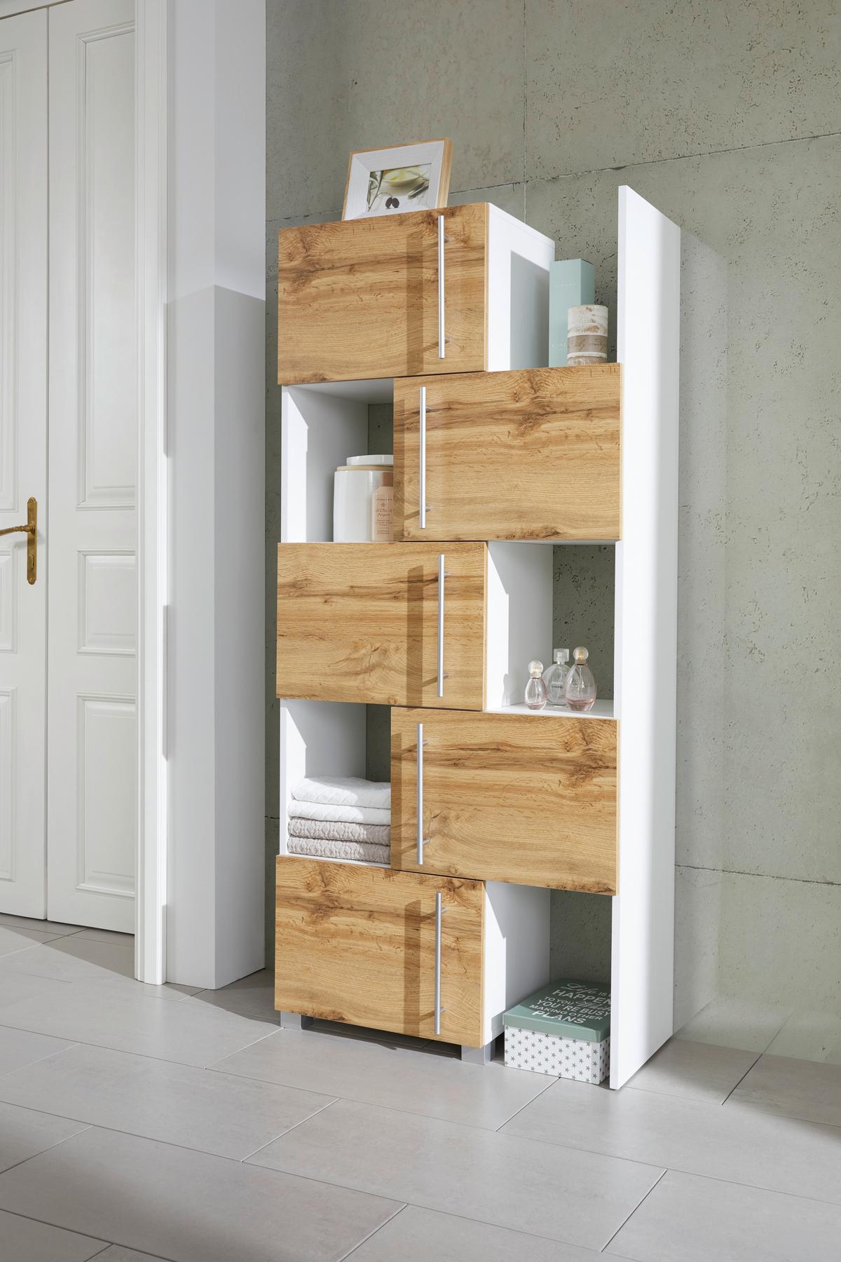 Regalelement Weiss/Eichefarben - Chromfarben/Weiss, Modern, Holzwerkstoff/Metall (47-78/164/35cm) - Mömax