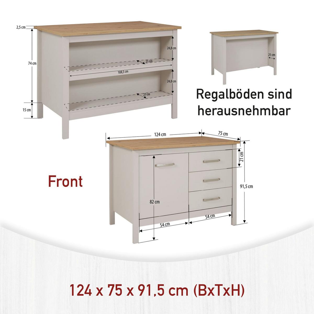 Kücheninsel Sardegna Kachmir/Eiche - Kaschmir/Silberfarben, ROMANTIK / LANDHAUS, Holzwerkstoff/Metall (124/91,5/75cm) - home24