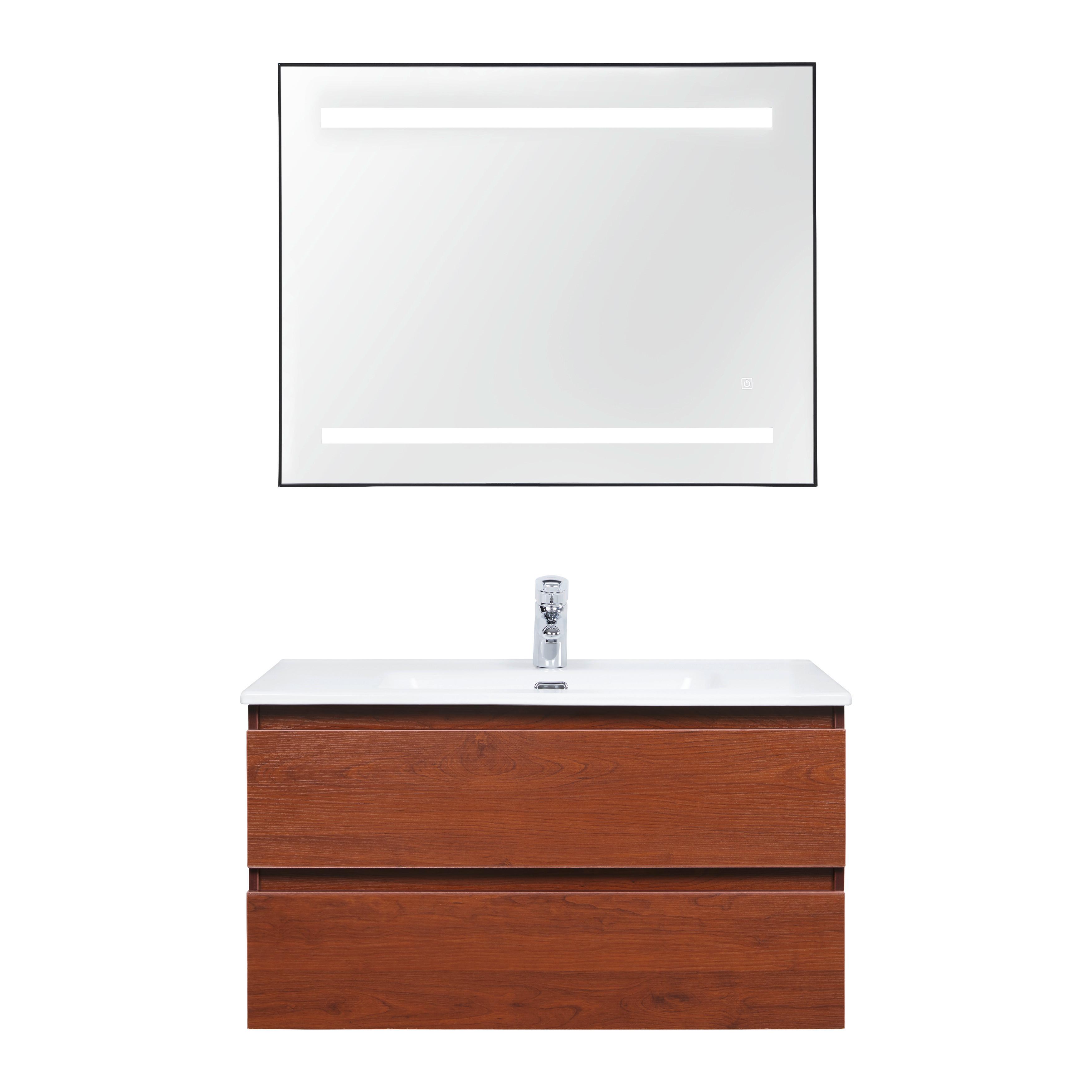 Waschtisch Davide Braun mit Waschbecken und Spiegel - Naturfarben/Weiß, MODERN, Glas/Keramik (91/50/46,5cm) - Bessagi Home
