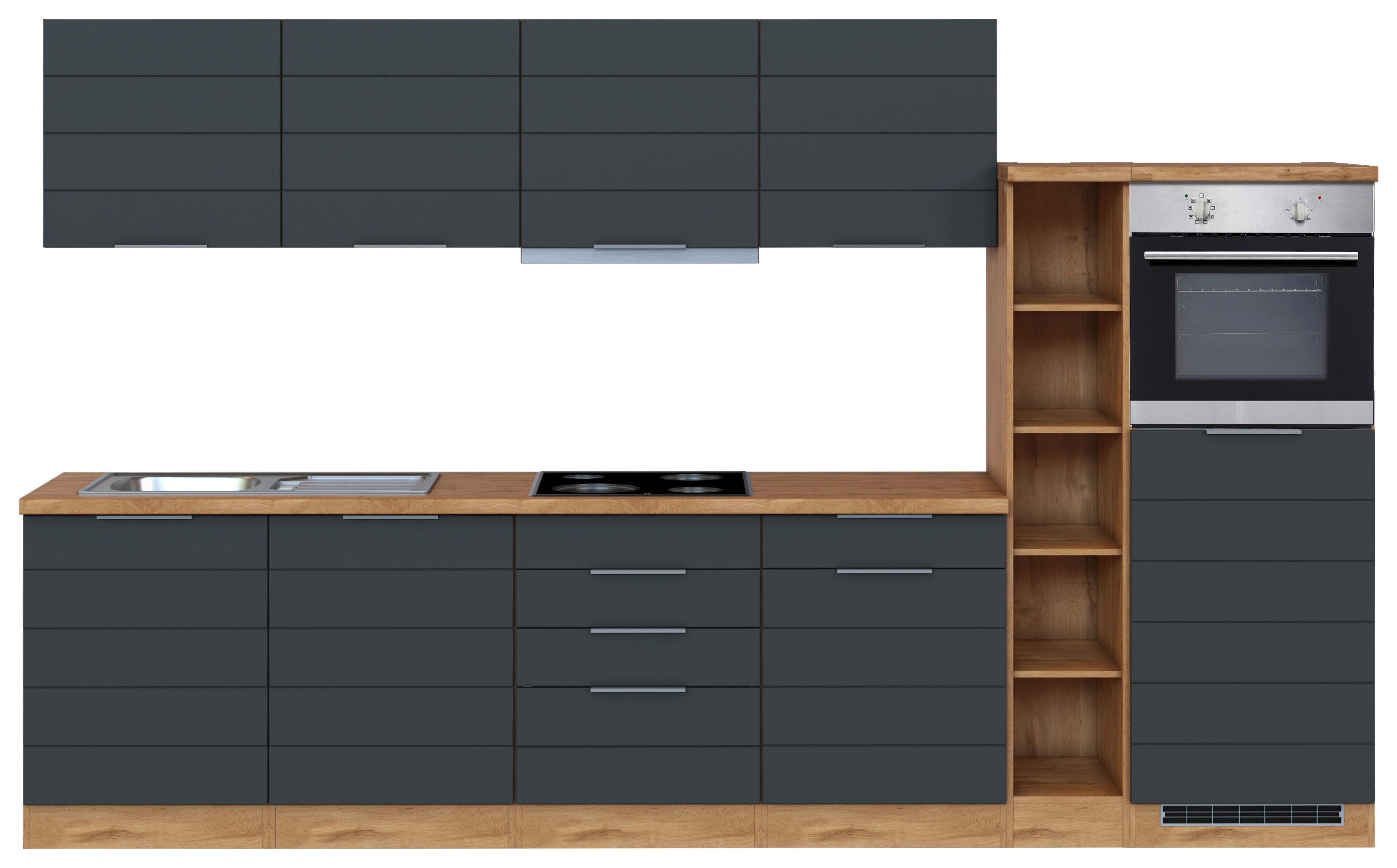 Küchenblock Florenz mit Geräten ca. 330 cm Grau/Eiche - Eiche Wotan/Grau, Design, Holzwerkstoff/Metall (330cm) - Held
