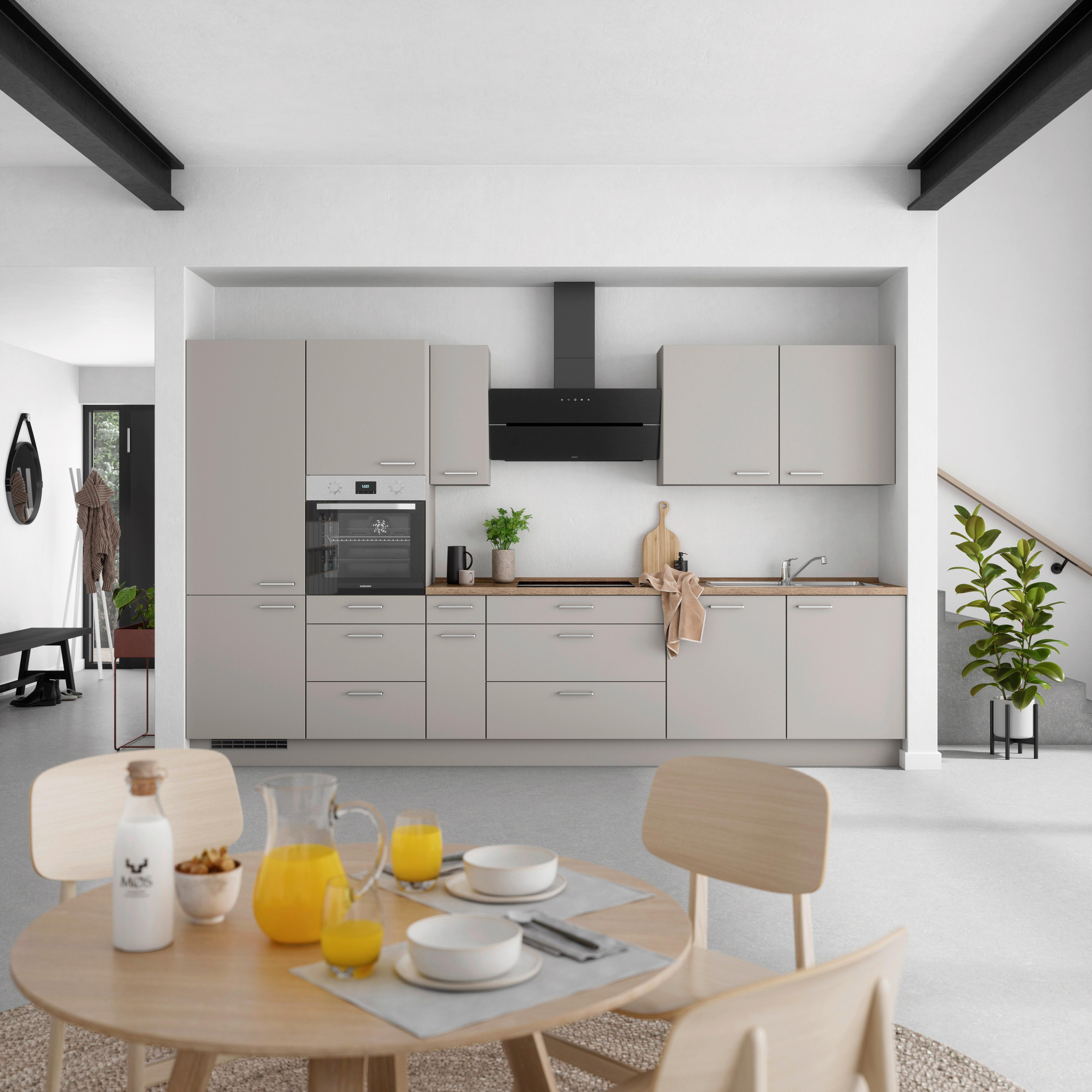 Küchenblock Touch High m. Geräten Grau - Eiche dunkel/Edelstahlfarben, MODERN, Holzwerkstoff/Metall (360cm) - Nobilia