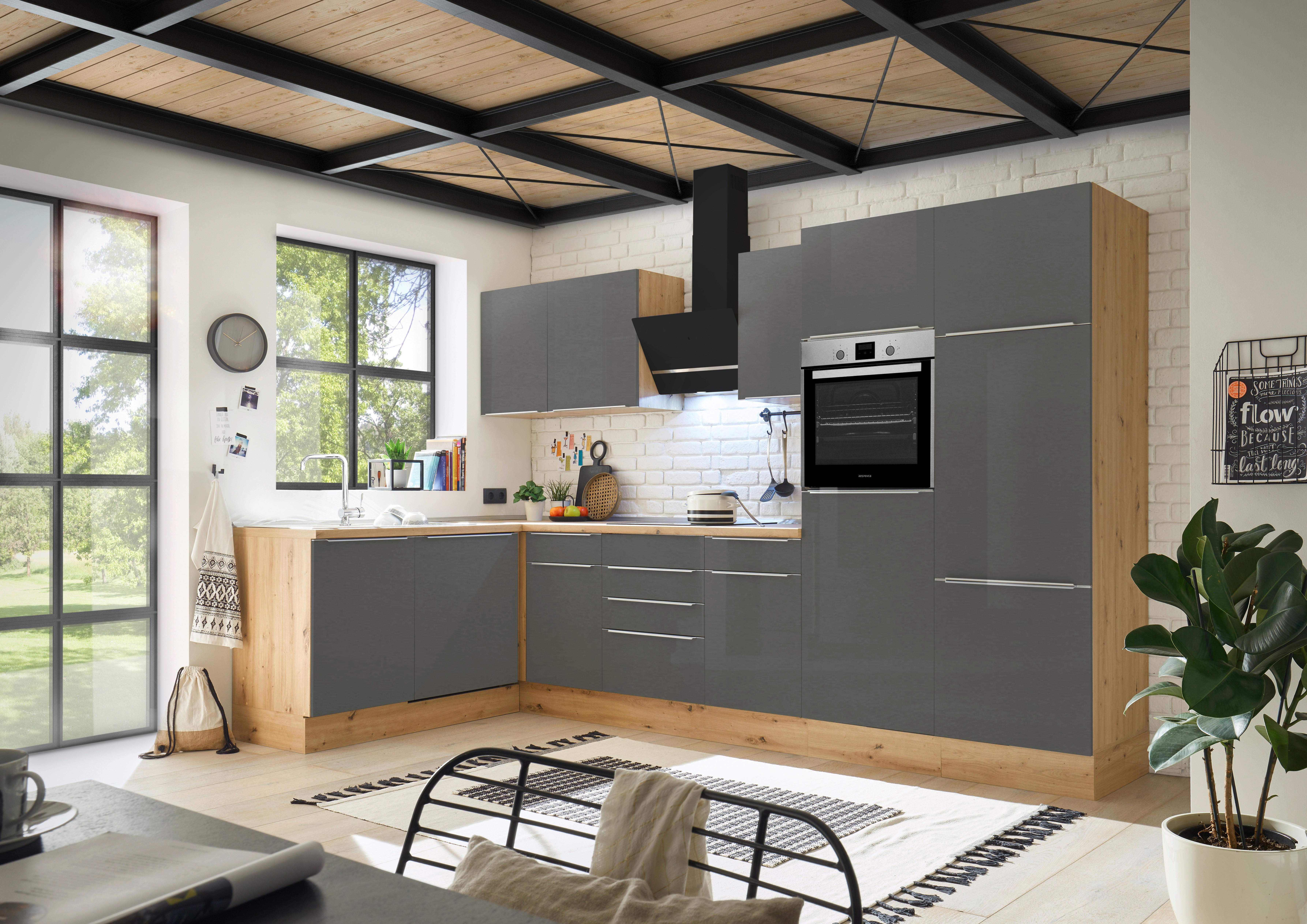 Eckküche Marleen mit Geräten Grau/Eiche ca. 340x170 cm - Anthrazit/Alufarben, LIFESTYLE, Holzwerkstoff/Kunststoff (170/340cm) - Respekta