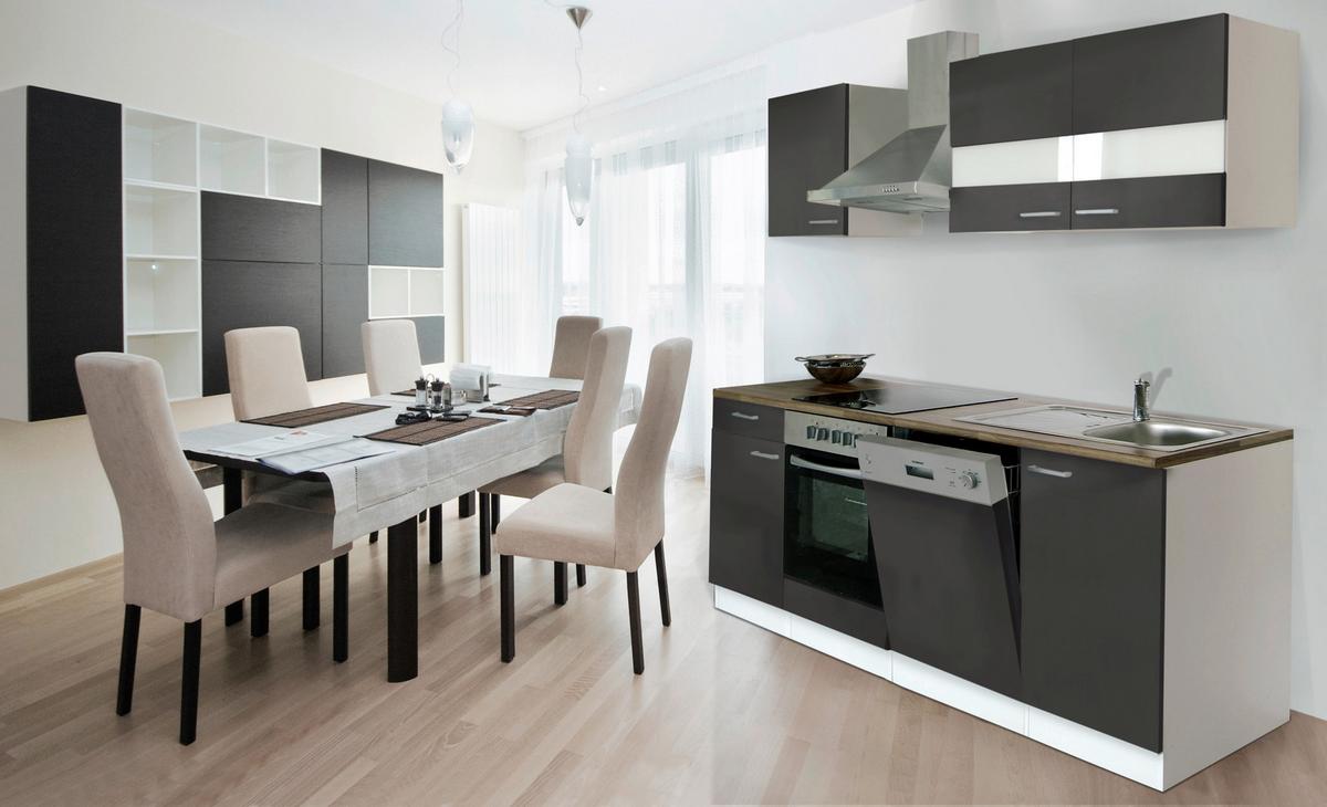 Küchenzeile Economy m. Geräten Grau/Nussbaum B: ca. 220 cm - Edelstahlfarben/Nussbaumfarben, Basics, Holzwerkstoff/Metall (220cm) - Respekta