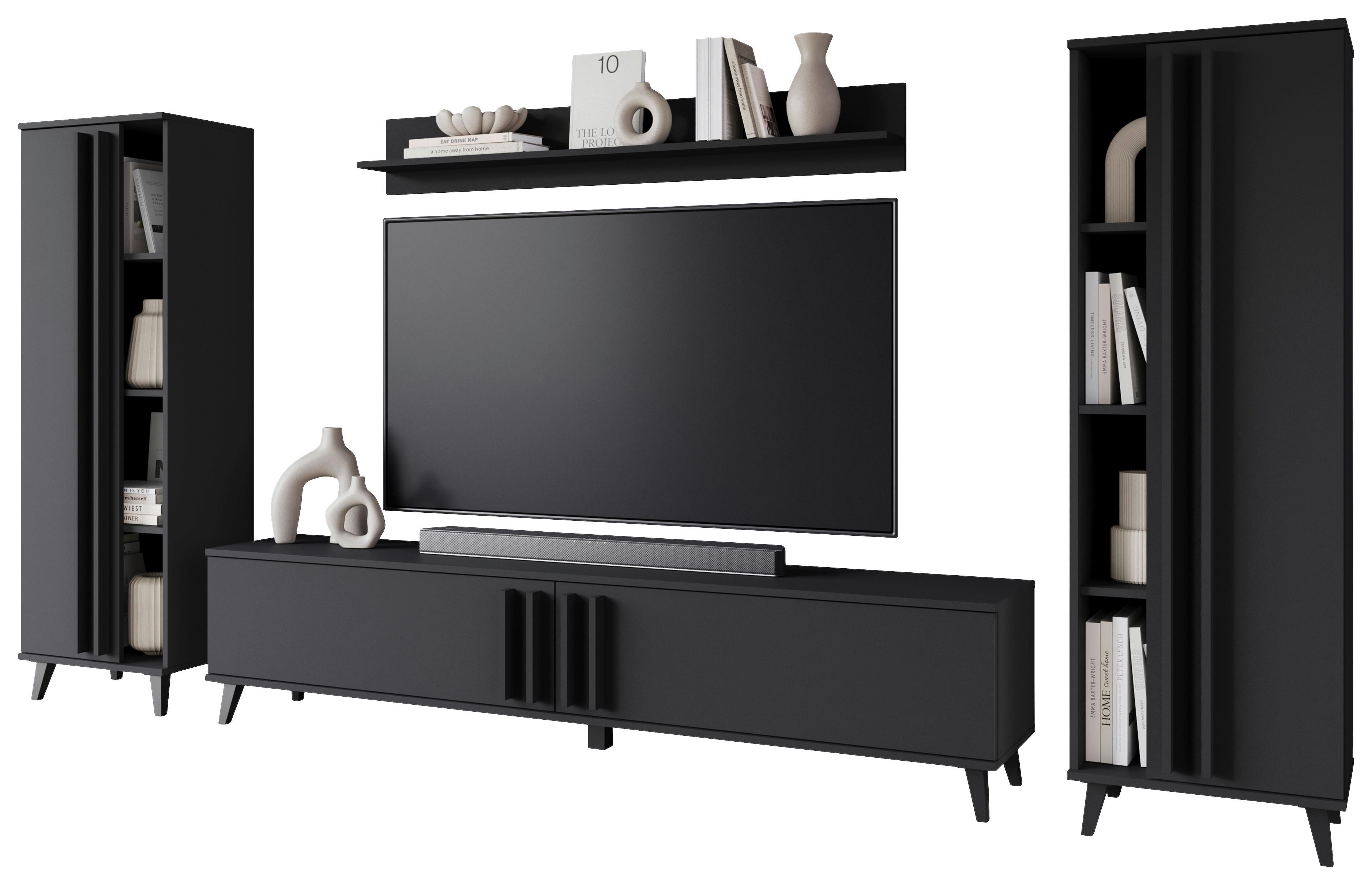 Wohnwand Helsinki Schwarz ca. 270x140x33cm - Schwarz, Trend, Holzwerkstoff/Kunststoff (270/140/33cm) - P & B