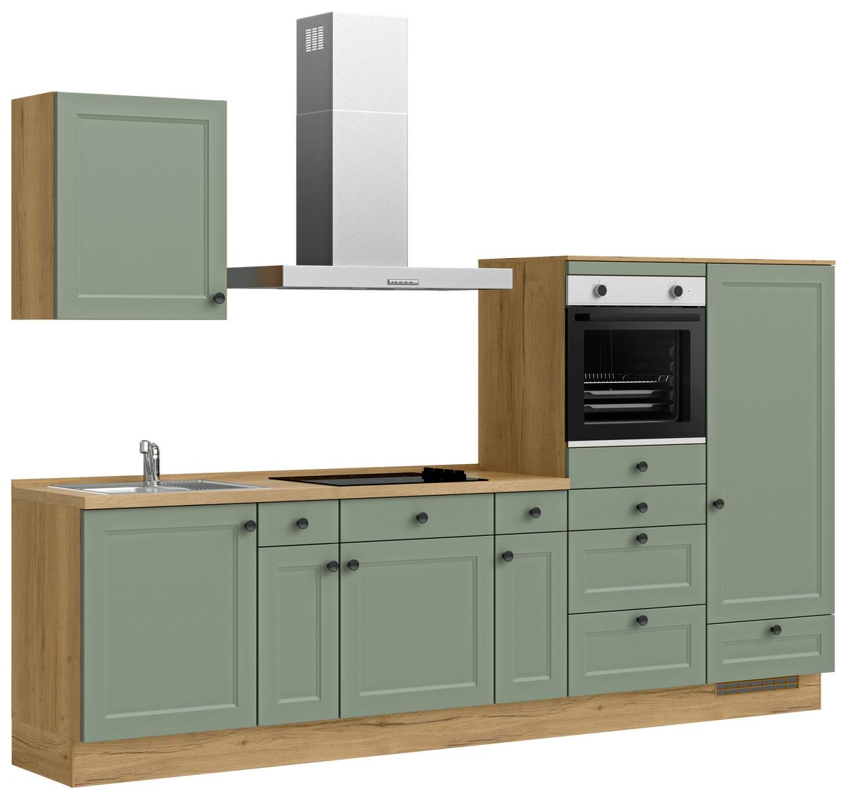 Küchenblock Cascada Low m. Geräten Schilfgrün - Schilfgrün/Eichefarben, MODERN, Holzwerkstoff/Metall (300cm) - Nobilia