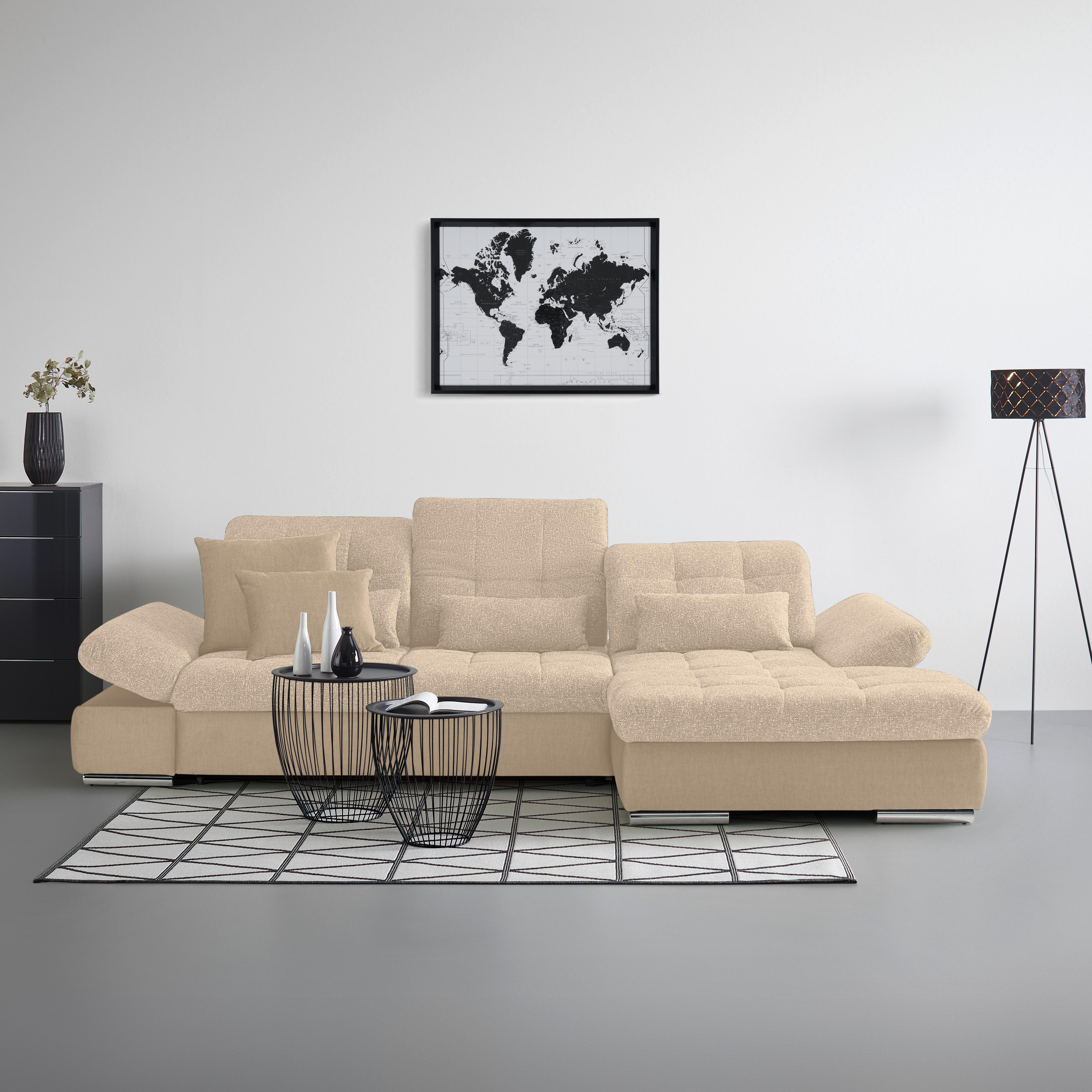 Wohnlandschaft Sanfino Beige - Chromfarben/Beige, KONVENTIONELL, Holz/Textil (305/79-96/199cm) - Premium Living