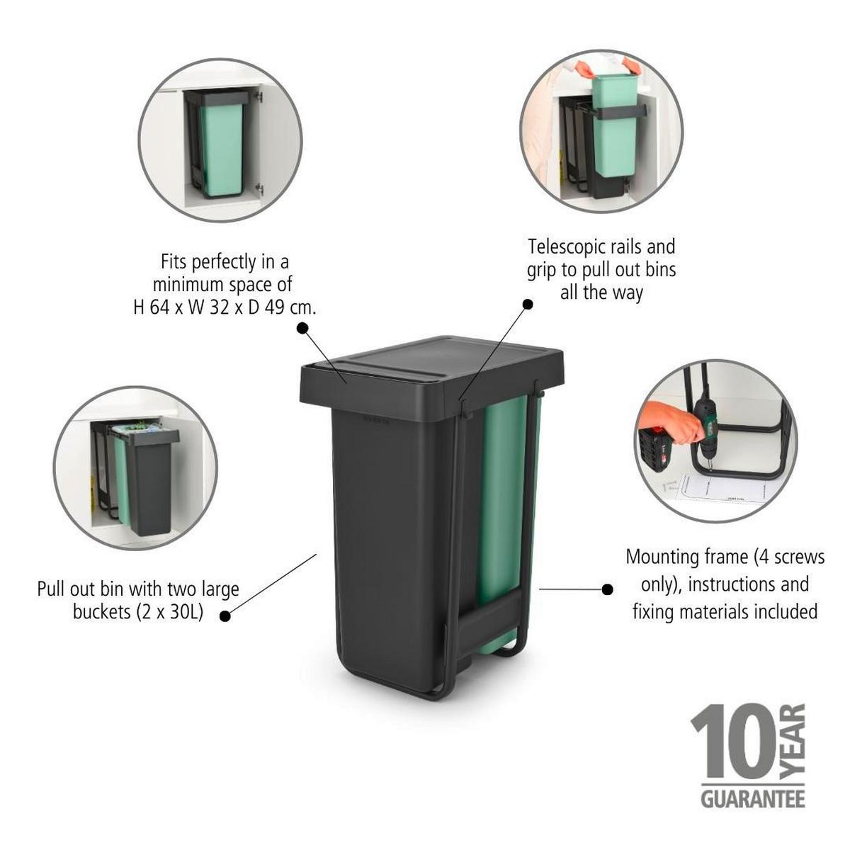 SORTOWNIK ODPADÓW DO ZABUDOWY 232527 - antracytowy/zielony, Basics, tworzywo sztuczne (30,4/63,7/48,1cm) - Brabantia