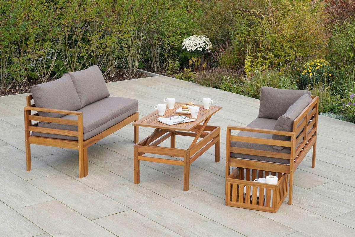 Gartenset Brasilia Echtholz - Grau/Akaziefarben, KONVENTIONELL, Holz/Textil - Gardenson