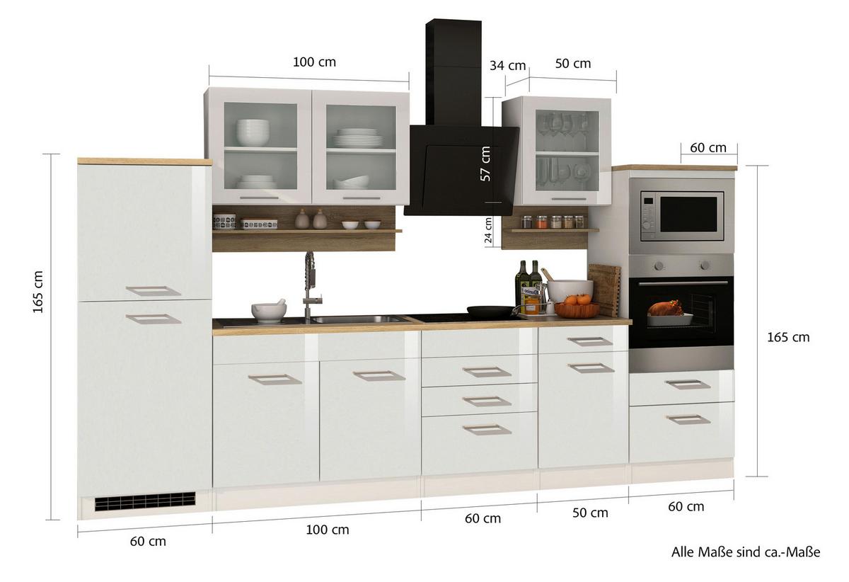 Küchenblock Mailand m. Geräten Weiß Hochglanz - Weiß Hochglanz/Silberfarben, MODERN, Glas/Holzwerkstoff (330cm) - Held