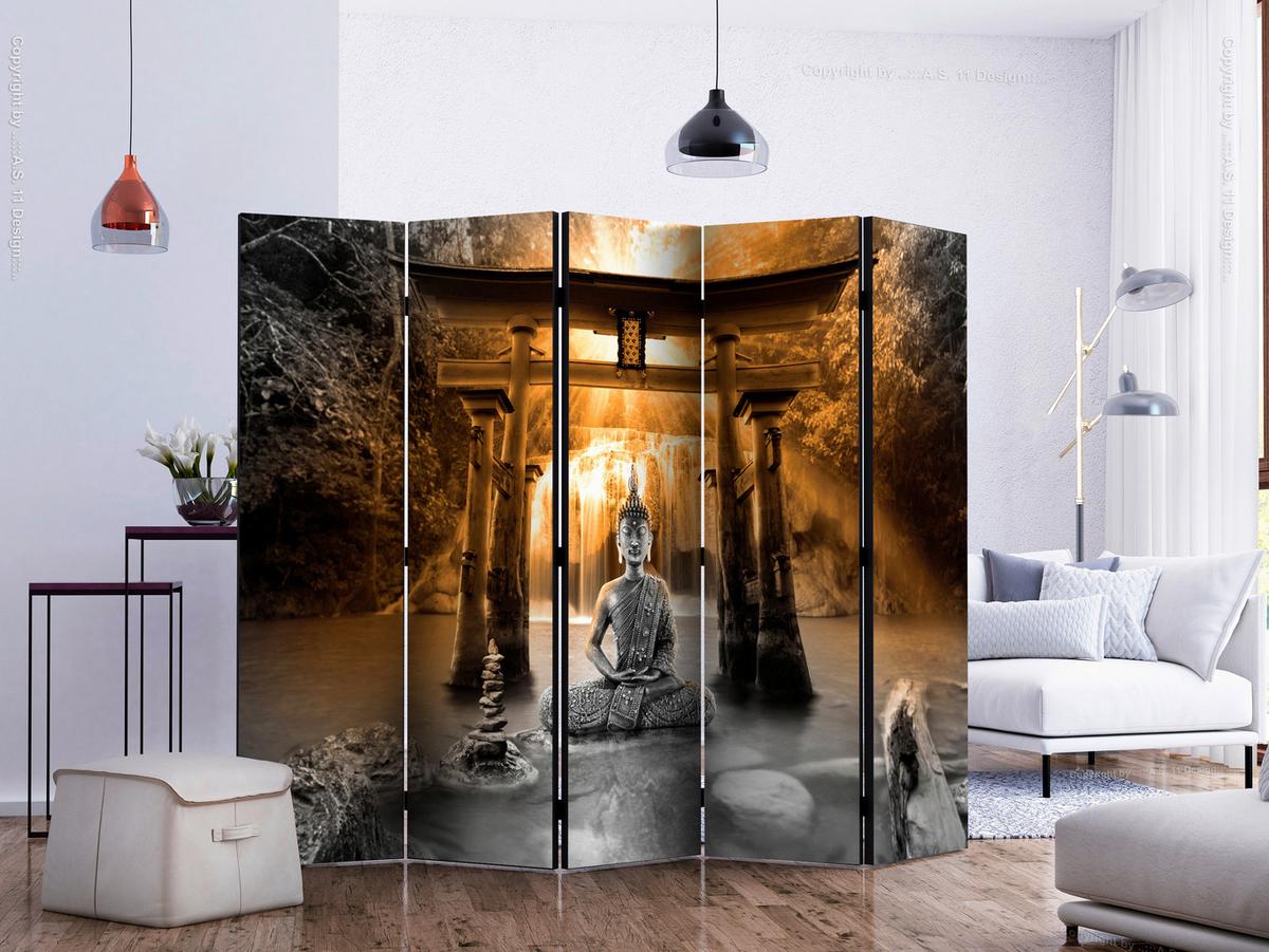 Paravan Buddha Smile I, 5-Delni, Dvostranski - siva/oranžna, Basics, tekstil/les (225/172/3cm) - artgeist