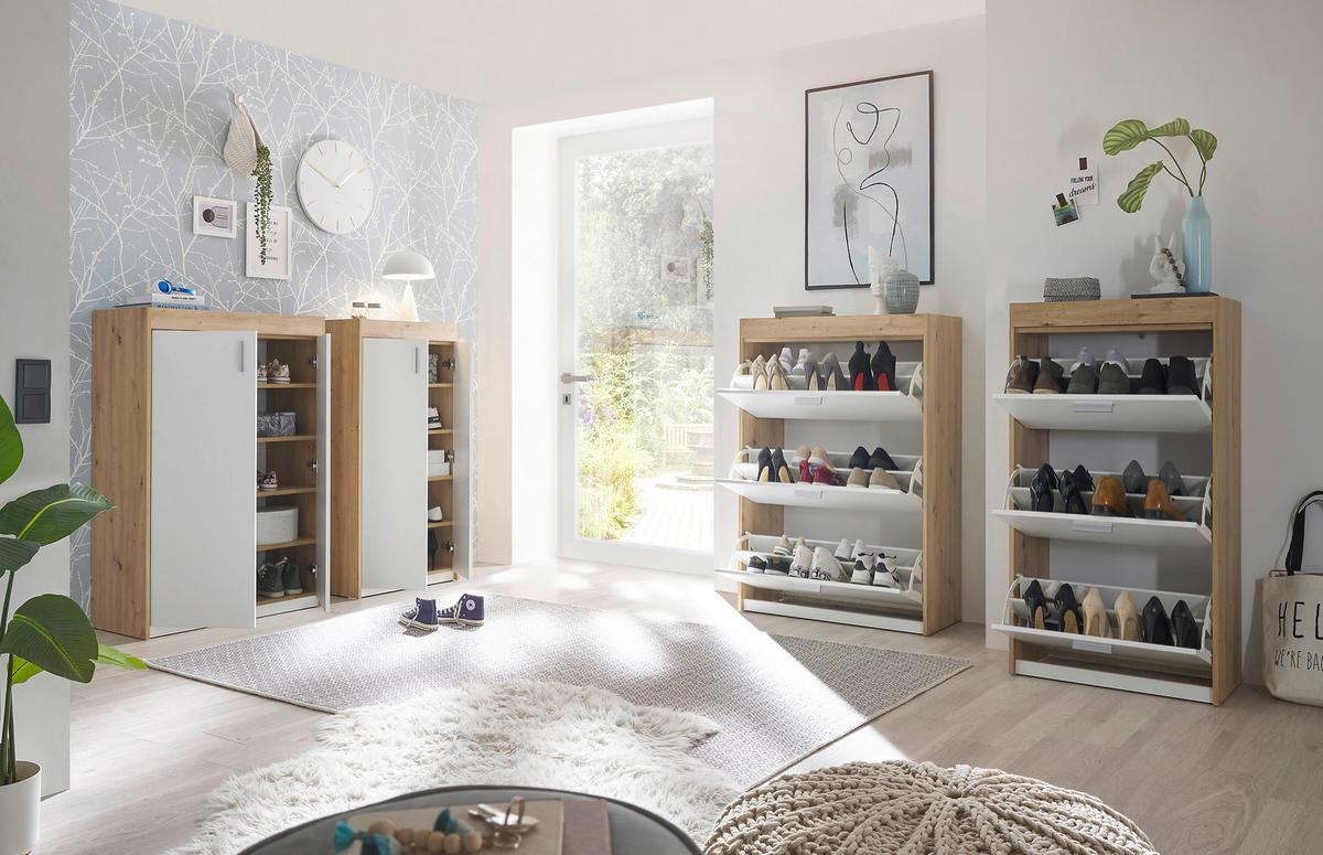 Schuhschrank Paris in Weiss/Eichefarben - Weiss/Silberfarben, Modern, Holzwerkstoff/Kunststoff (64/126/38cm) - Mömax
