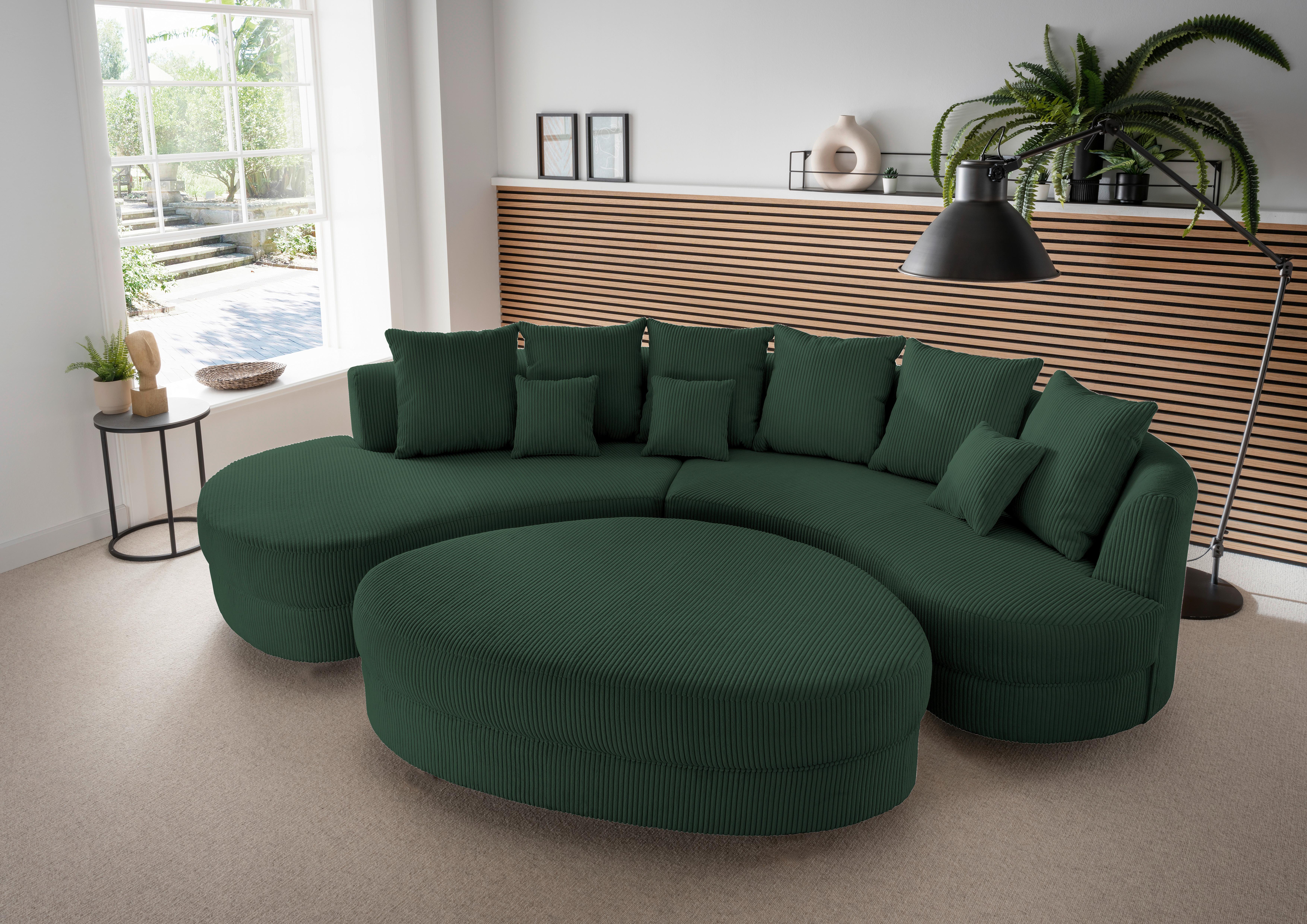 Wohnlandschaft Limoncello m. Hocker ca.300x160cm Dunkelgrün - Dunkelgrün/Schwarz, Design, Kunststoff/Textil (300/160cm) - Livetastic