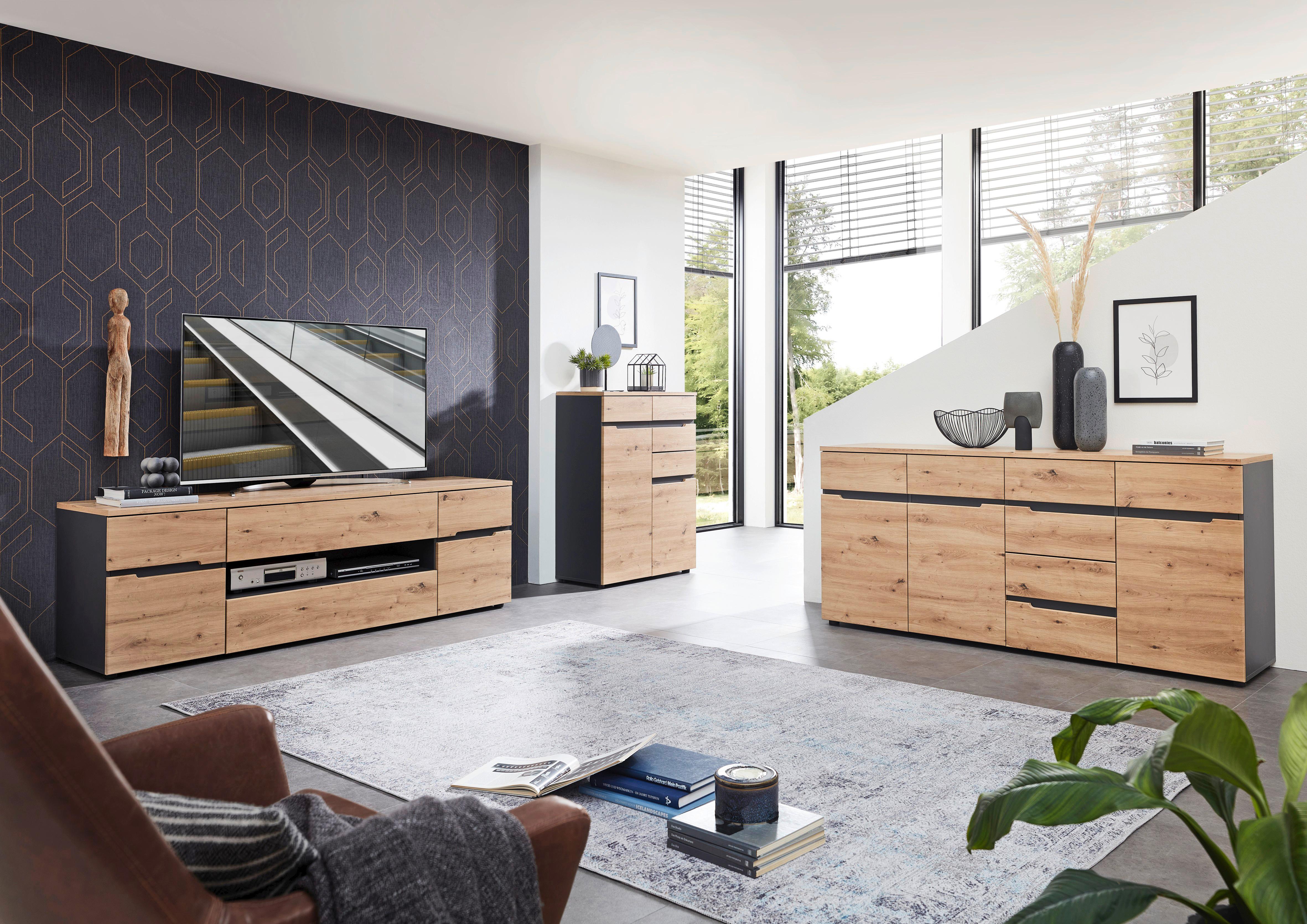 KOMODA DETROIT - czarny/kolor grafitowy, Design, materiał drewnopochodny/tworzywo sztuczne (80/107/38cm) - Voleo