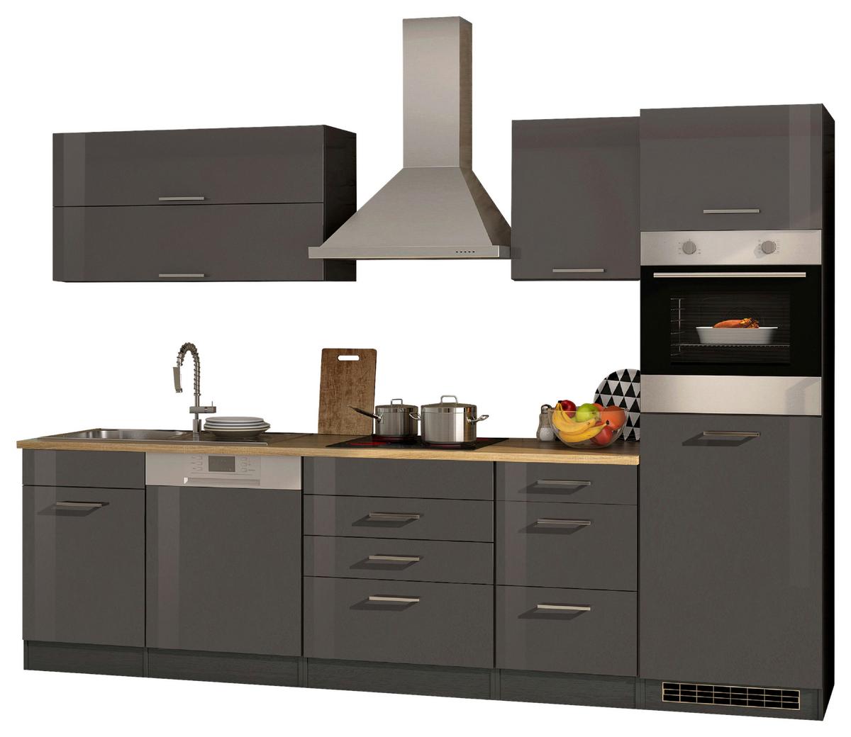 Küchenblock Mailand m. Geräten Graphitfarben - Silberfarben/Graphitfarben, MODERN, Holzwerkstoff/Metall (300cm) - Held