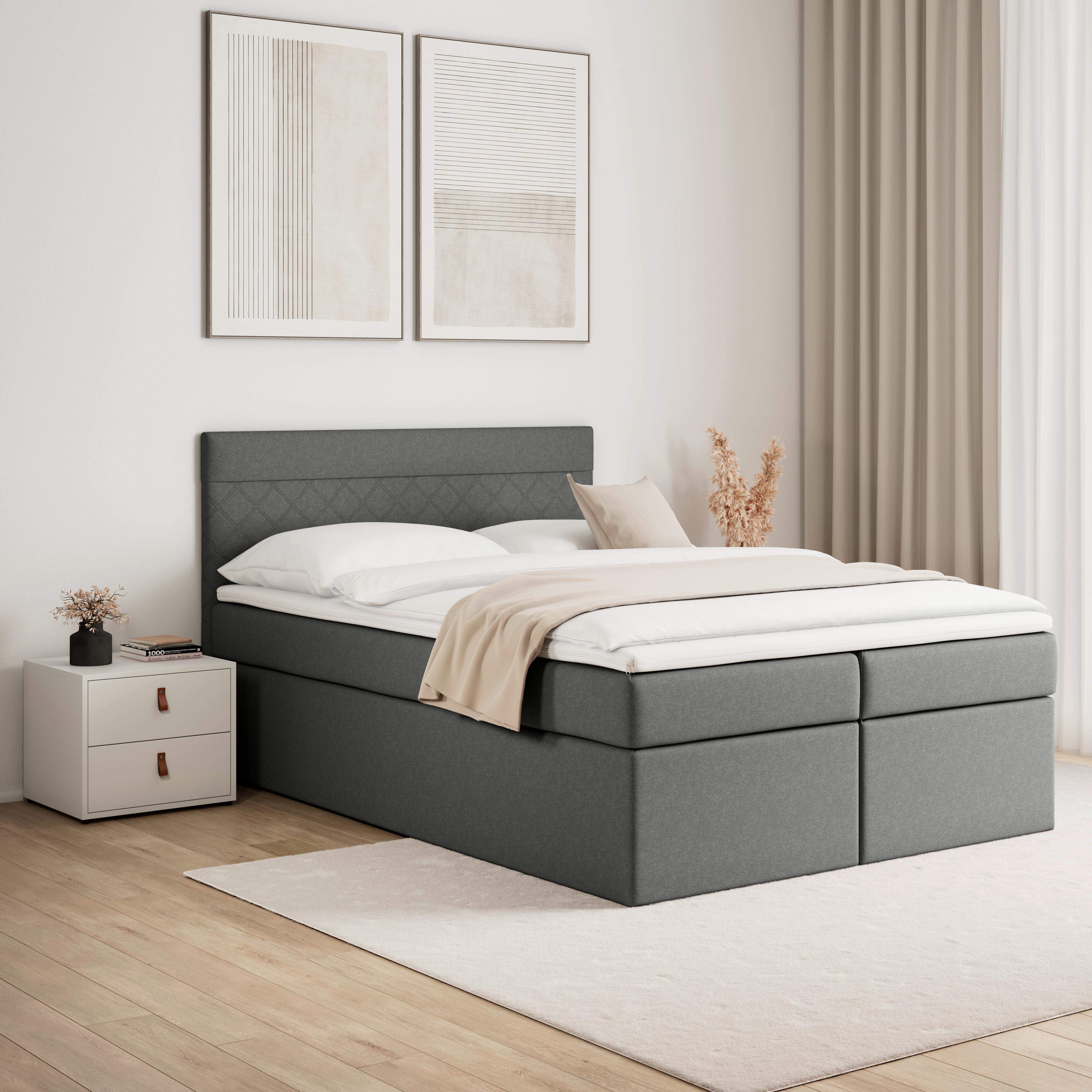 Boxbett Rosa Grau ca. 140x200 cm mit Topper - Schwarz/Grau, MODERN, Holz/Holzwerkstoff (140/200cm) - Bessagi Home