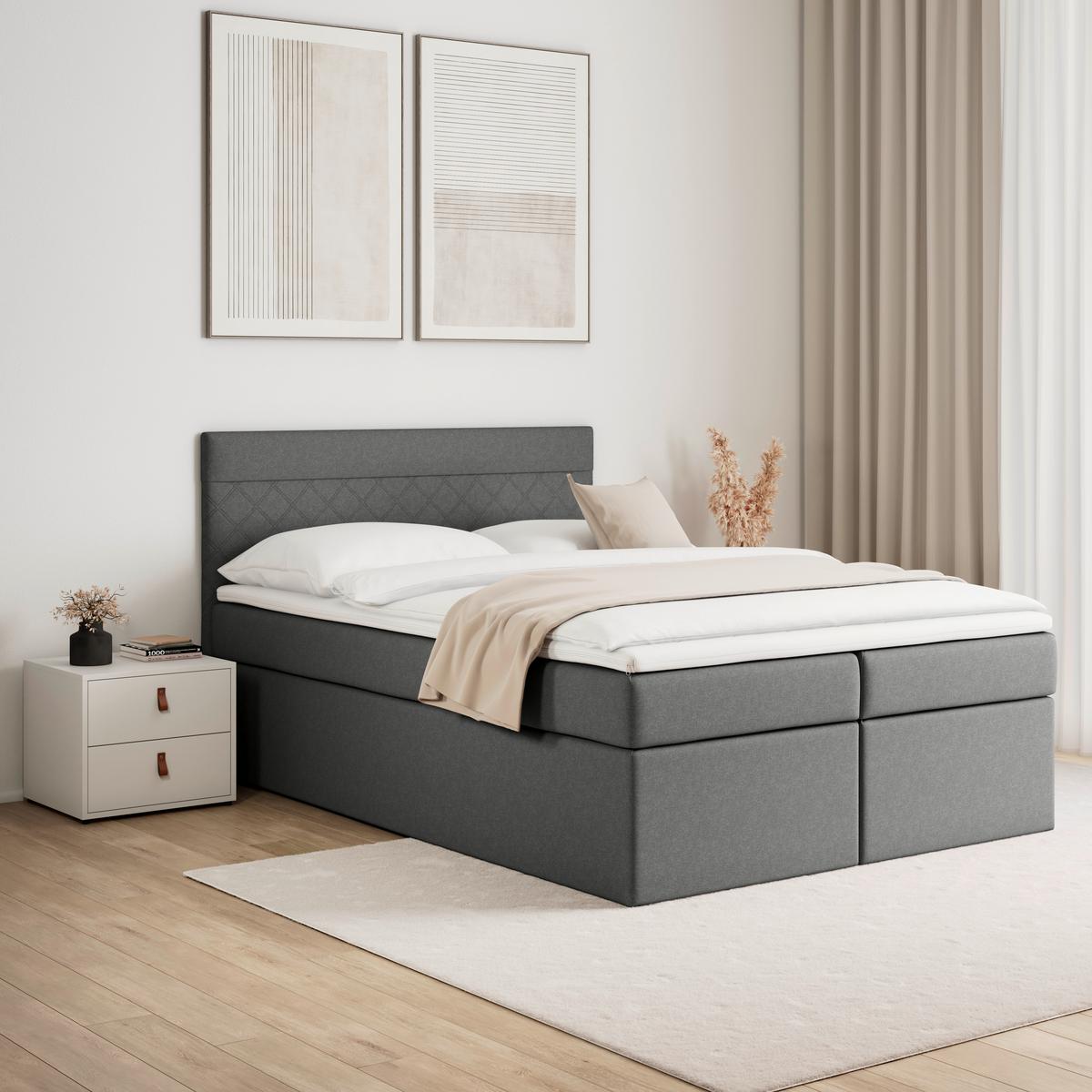 Boxbett Rosa Grau ca. 140x200 cm mit Topper - Schwarz/Grau, MODERN, Holz/Holzwerkstoff (140/200cm) - Bessagi Home
