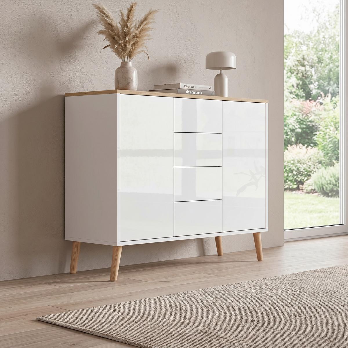 Kommode Mailand Typ 11 Weiß/Eiche - Weiß Hochglanz/Weiß, MODERN, Holz/Holzwerkstoff (105,5/86/33cm) - MID.YOU