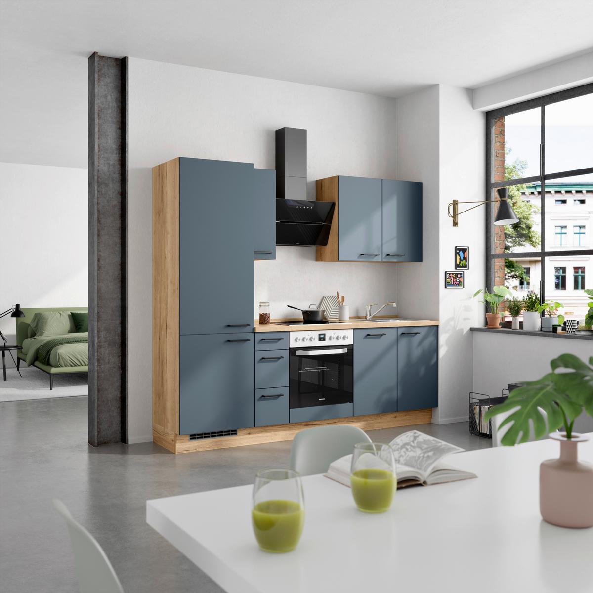 Küchenblock Easytouch High m. Geräten Dunkelblau - Eichefarben/Schwarz, MODERN, Holzwerkstoff/Metall (240cm) - Nobilia