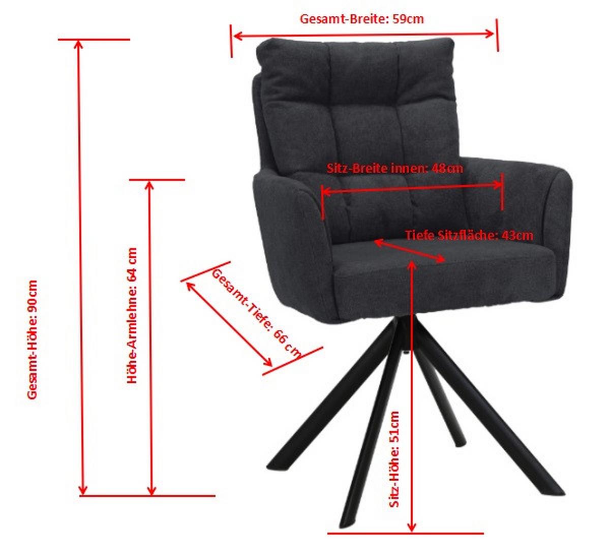 Naslanjač Susan, Črna, Vrtljiv - temno siva/črna, Konvencionalno, kovina/tekstil (59/90/66cm)