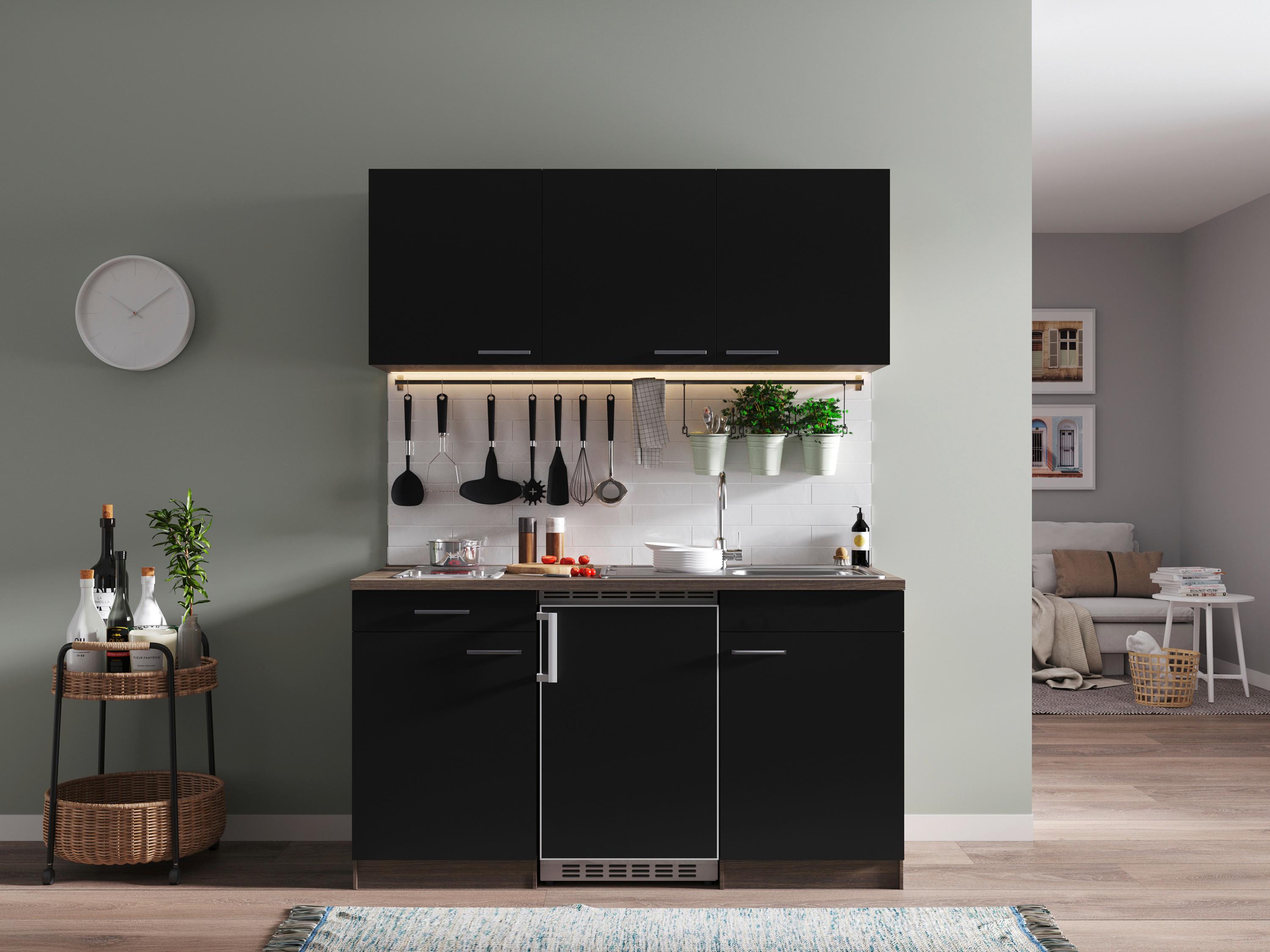 Miniküche Oliver mit Geräten ca. 150 cm Schwarz - Eichefarben/Schwarz, Basics, Holzwerkstoff/Kunststoff - Respekta