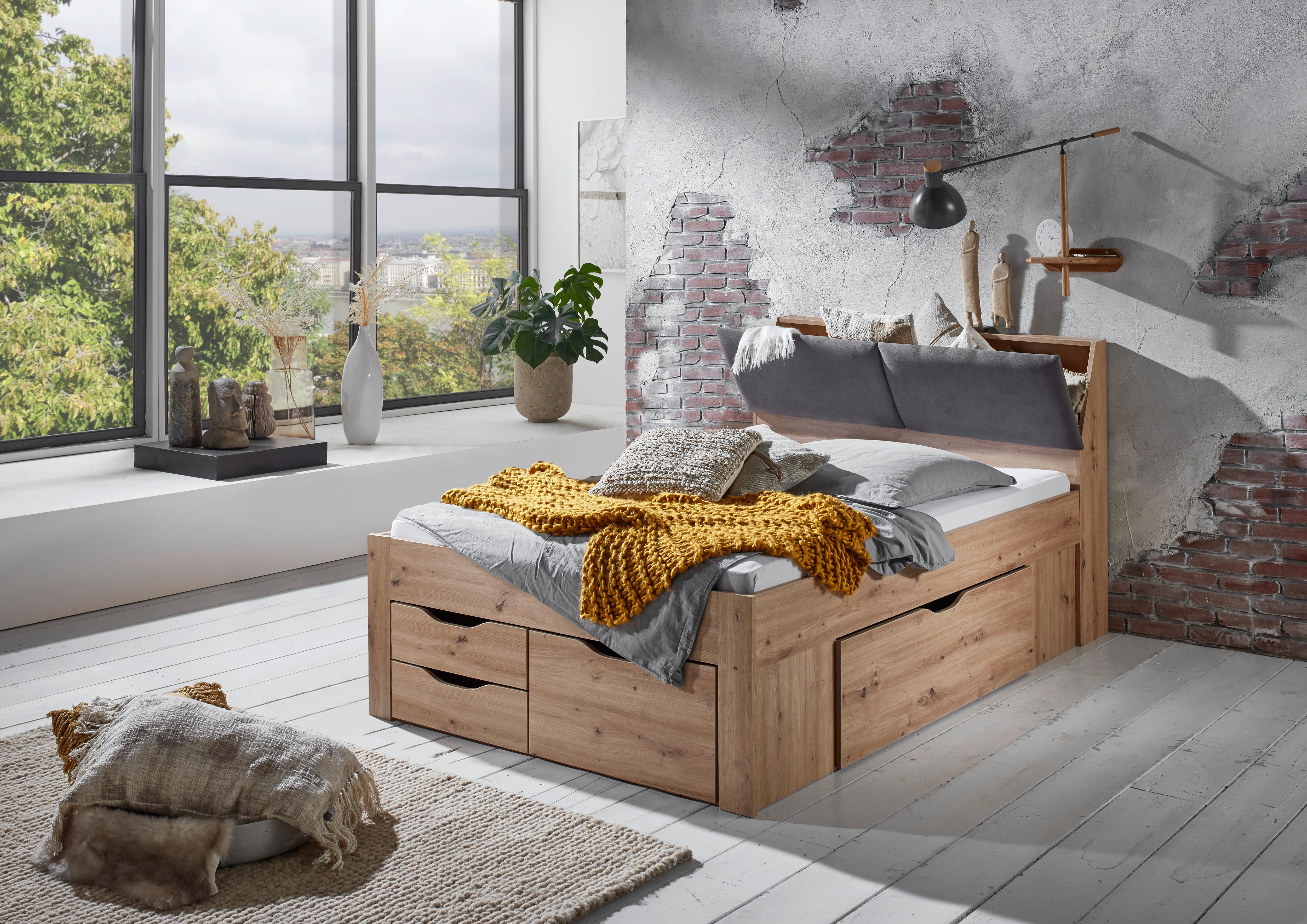 Stauraumbett in Eiche Artisan ca. 140x200cm - Eiche Artisan/Grau, KONVENTIONELL, Holzwerkstoff/Textil (237,5/145,6/103,8cm) - Modern Living